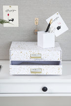 BIGSO BIRGER Schubladenbox – Aufbewahrungsbox mit 2 Schubladen – Schreibtisch Ablage für Dokumente & Bürobedarf – Ablagesystem aus recycelter Faserplatte und Papier – gold gesprenkelt