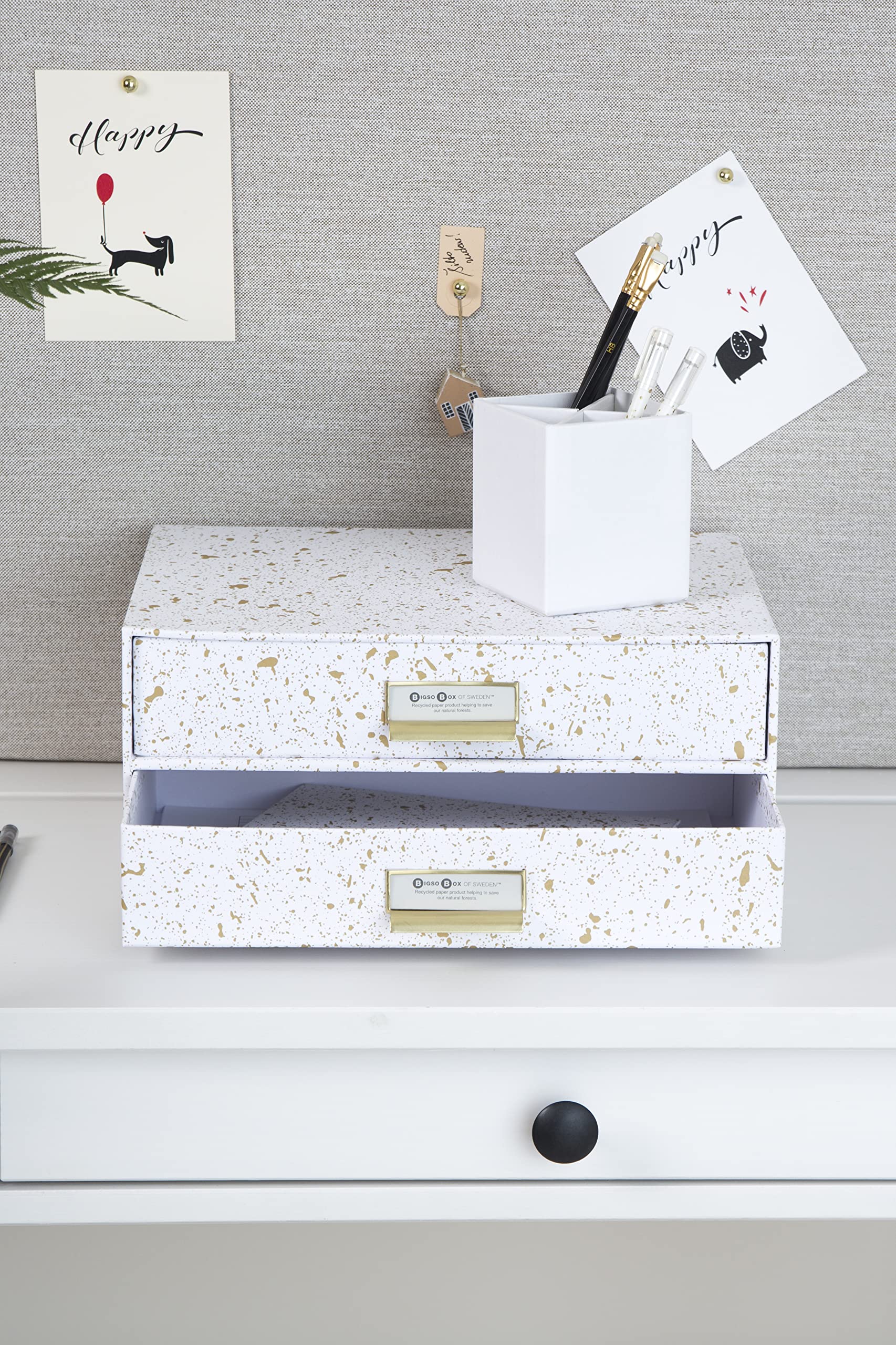 BIGSO BIRGER Schubladenbox – Aufbewahrungsbox mit 2 Schubladen – Schreibtisch Ablage für Dokumente & Bürobedarf – Ablagesystem aus recycelter Faserplatte und Papier – gold gesprenkelt