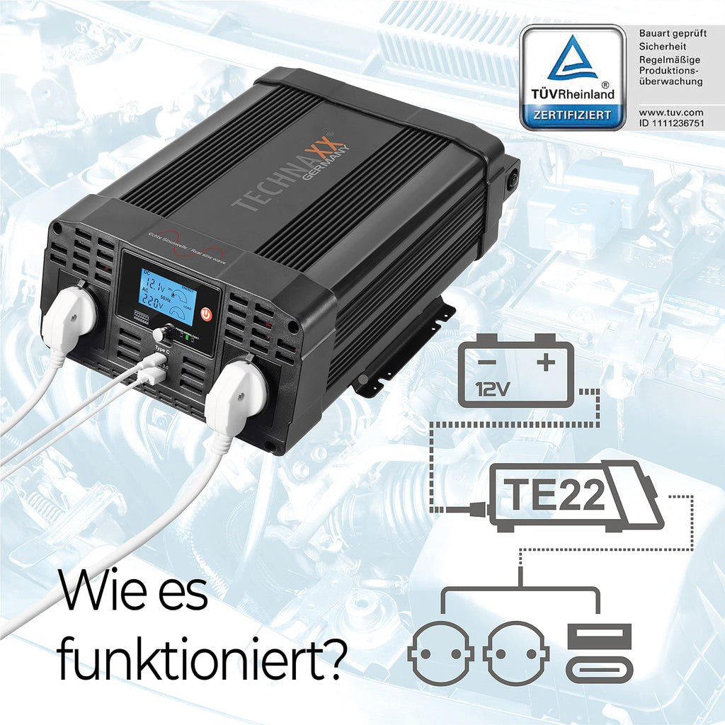 Technaxx KFZ Wechselrichter 12V auf 230V Reiner Sinus 2000W / 4000W – TÜV-zertifizierter Auto Spannungswandler mit LC-Display, 2x Schuko&USB-A QC 3.0 + USB-C – Inverter für Camping, Wohnmobil – TE22
