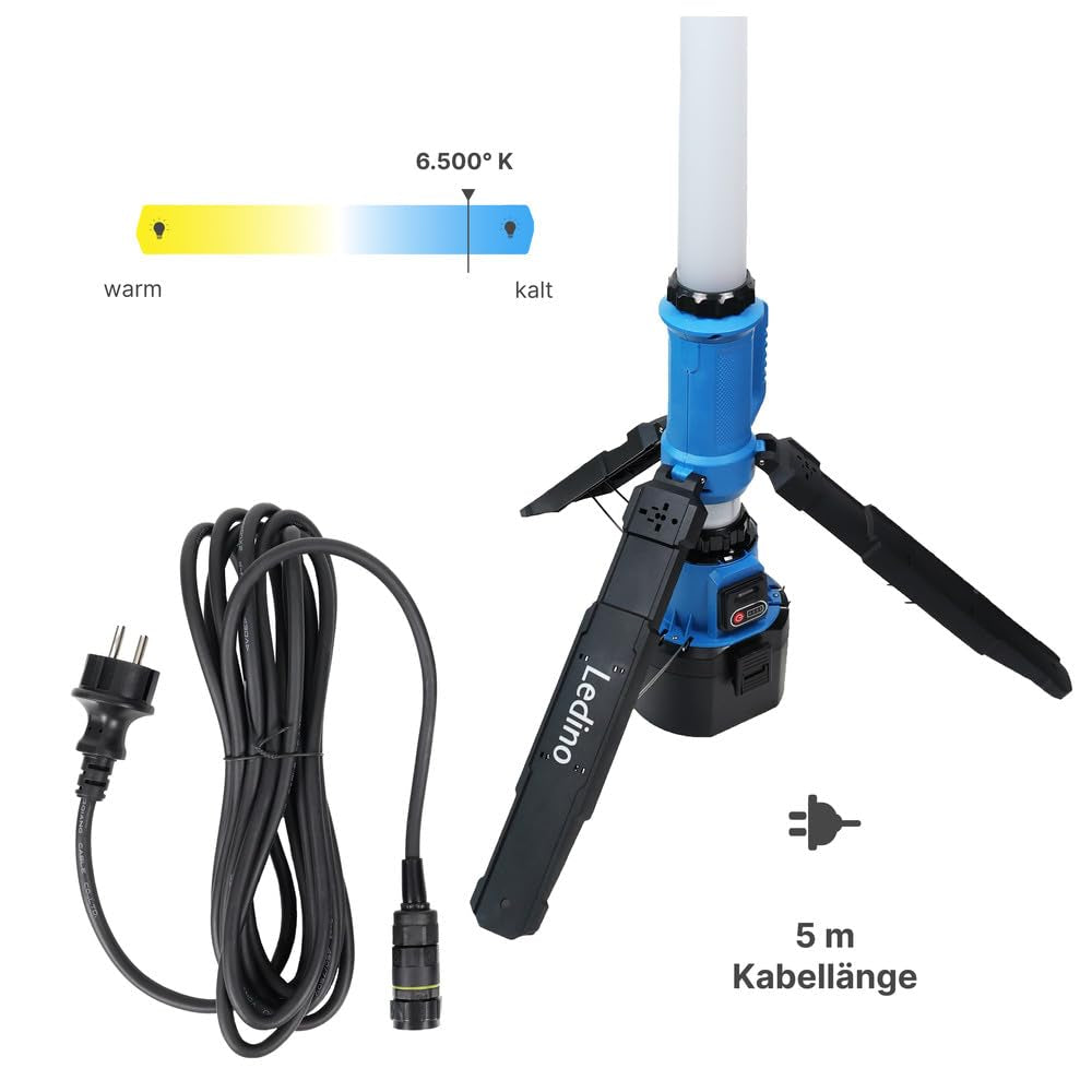 Ledino Hybrid LED Stehlampe 60W | 360° Baulampe mit 6.500 lm für Akku & Netzbetrieb | dimmbarer Arbeitsstrahler optimal als Arbeitsbeleuchtung inkl. Transportgriff | IP54 | Auch als Außenstrahler