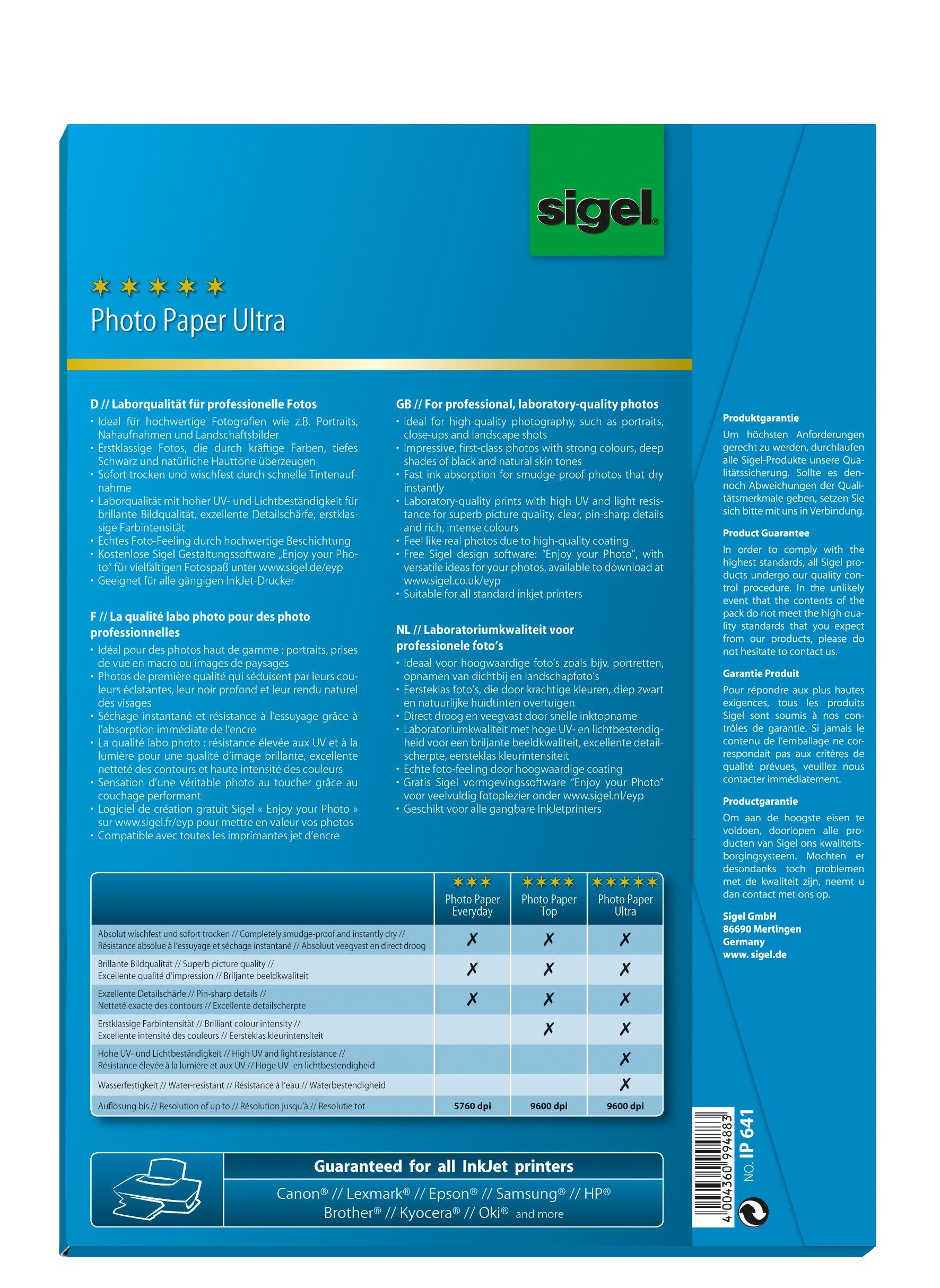 SIGEL IP641 InkJet-Fotopapier Ultra, A4, 50 Blatt, hochglänzend, extrem lichtbeständig, 260 g , für hochwertige Fotografien