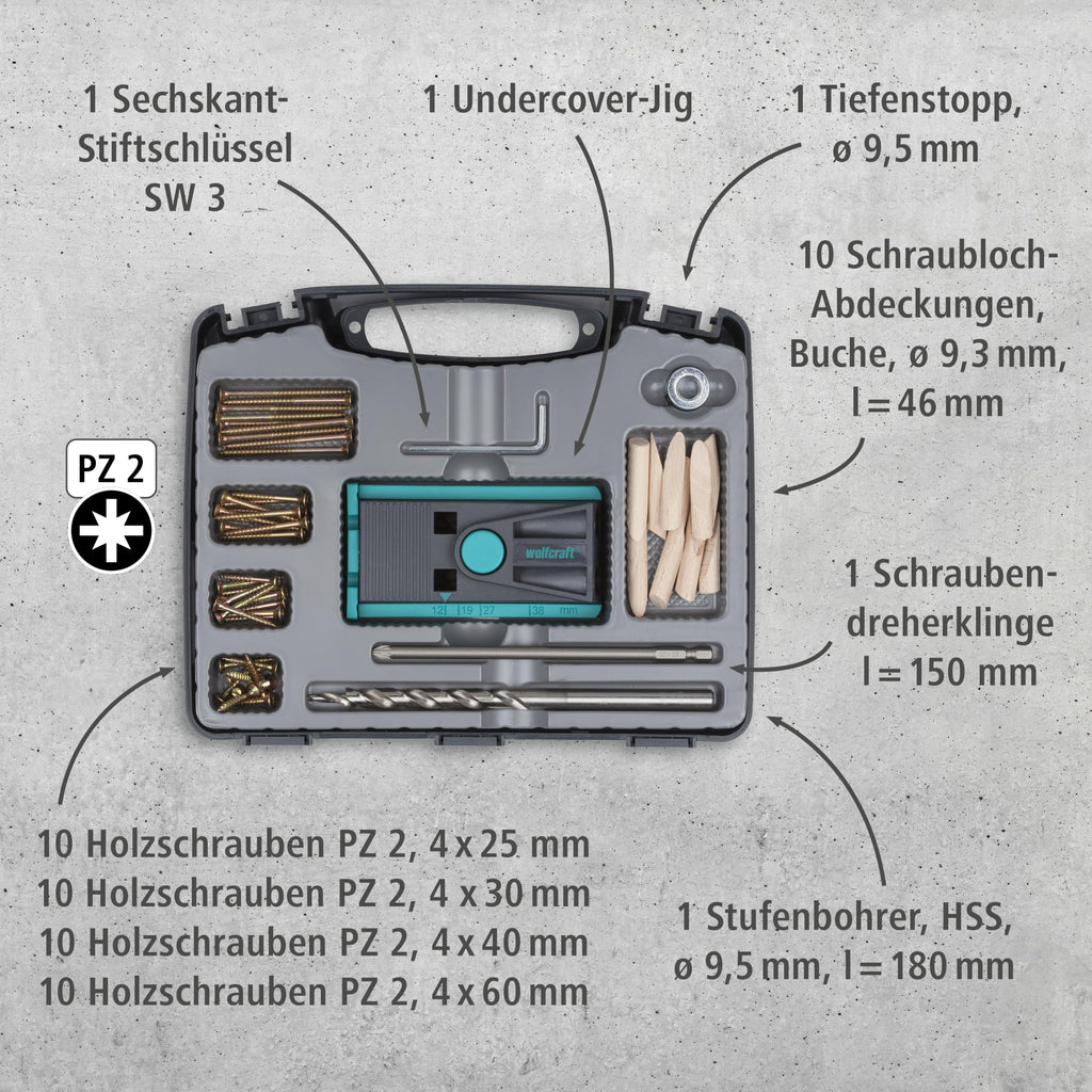 wolfcraft Undercover Jig Set - 4642000 – Bohrschablone und Zubehör für versteckte Holzverbindungen, unsichtbares Verschrauben im Möbelbau - Taschenlochbohrungen - Made in Europe