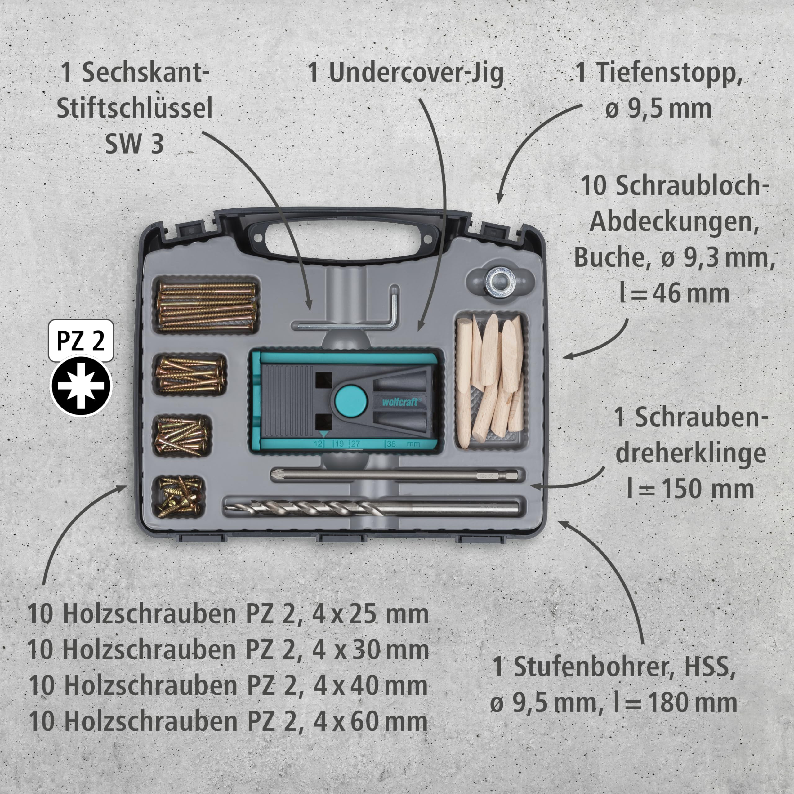 wolfcraft Undercover Jig Set - 4642000 – Bohrschablone und Zubehör für versteckte Holzverbindungen, unsichtbares Verschrauben im Möbelbau - Taschenlochbohrungen - Made in Europe