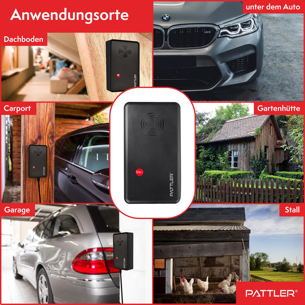 PATTLER ® Marderschreck Auto mit Stecker - für 60m². Marderschreck für Dachboden, Haus, Garten, Garage. Anschluss an Steckdose. Marderabwehr Dachboden mit Ultraschall - 1 Stück