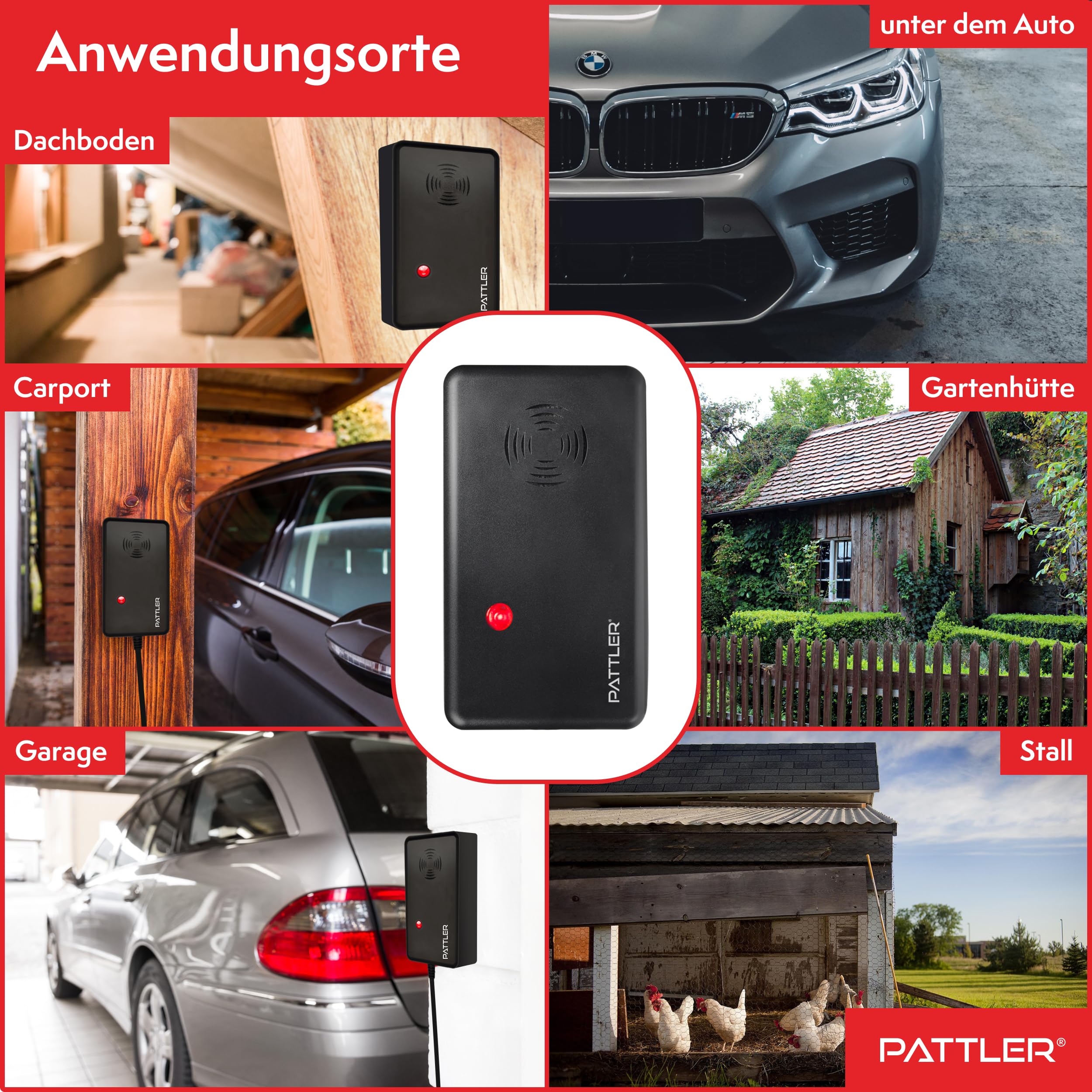 PATTLER ® Marderschreck Auto mit Stecker - für 60m². Marderschreck für Dachboden, Haus, Garten, Garage. Anschluss an Steckdose. Marderabwehr Dachboden mit Ultraschall - 1 Stück