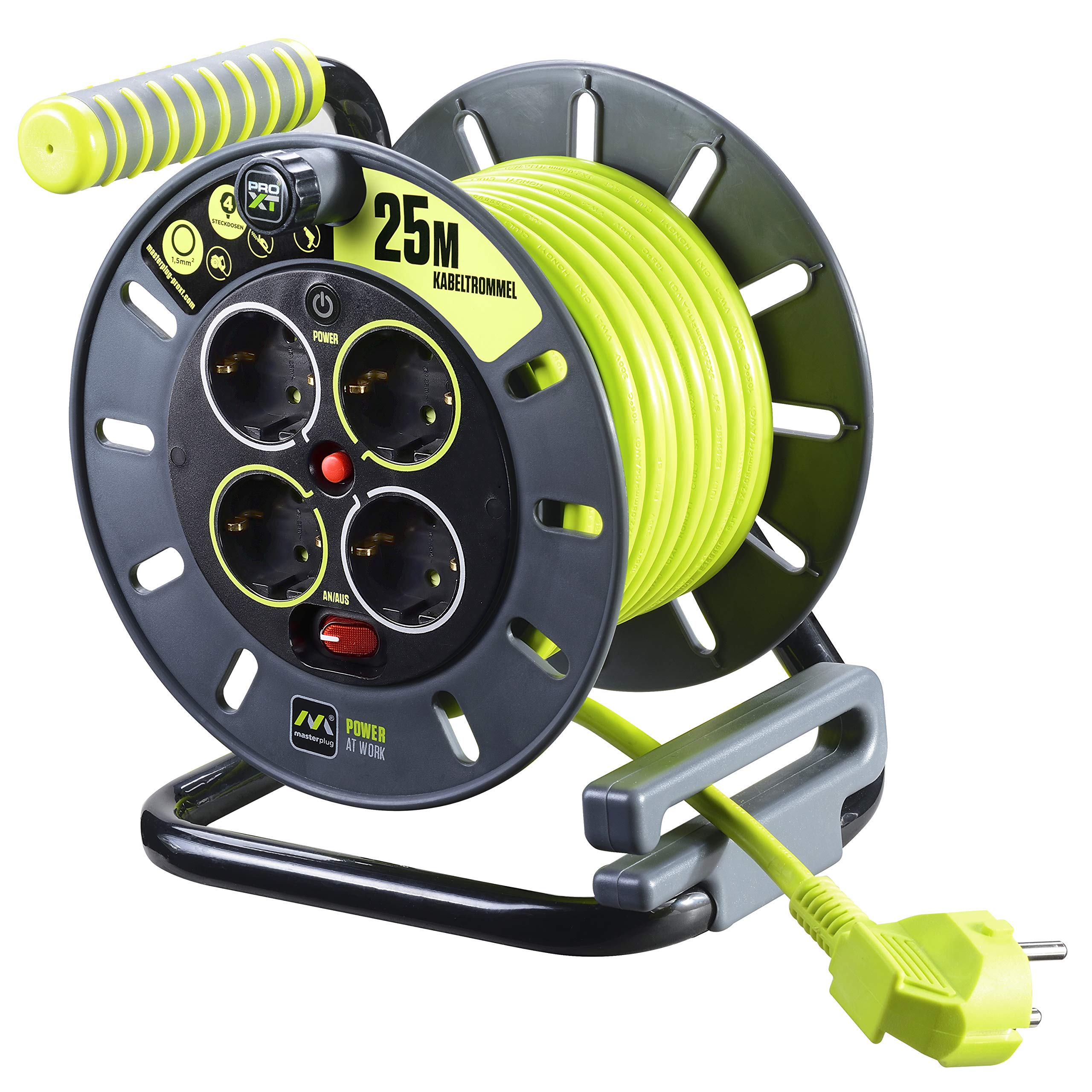 Masterplug Pro-XT Kabeltrommel Verlängerungskabel mit 4 Steckdosen, Wickelkurbel, Thermoschutz und Netzschalter, 25 Meter gut sichtbares Kabel
