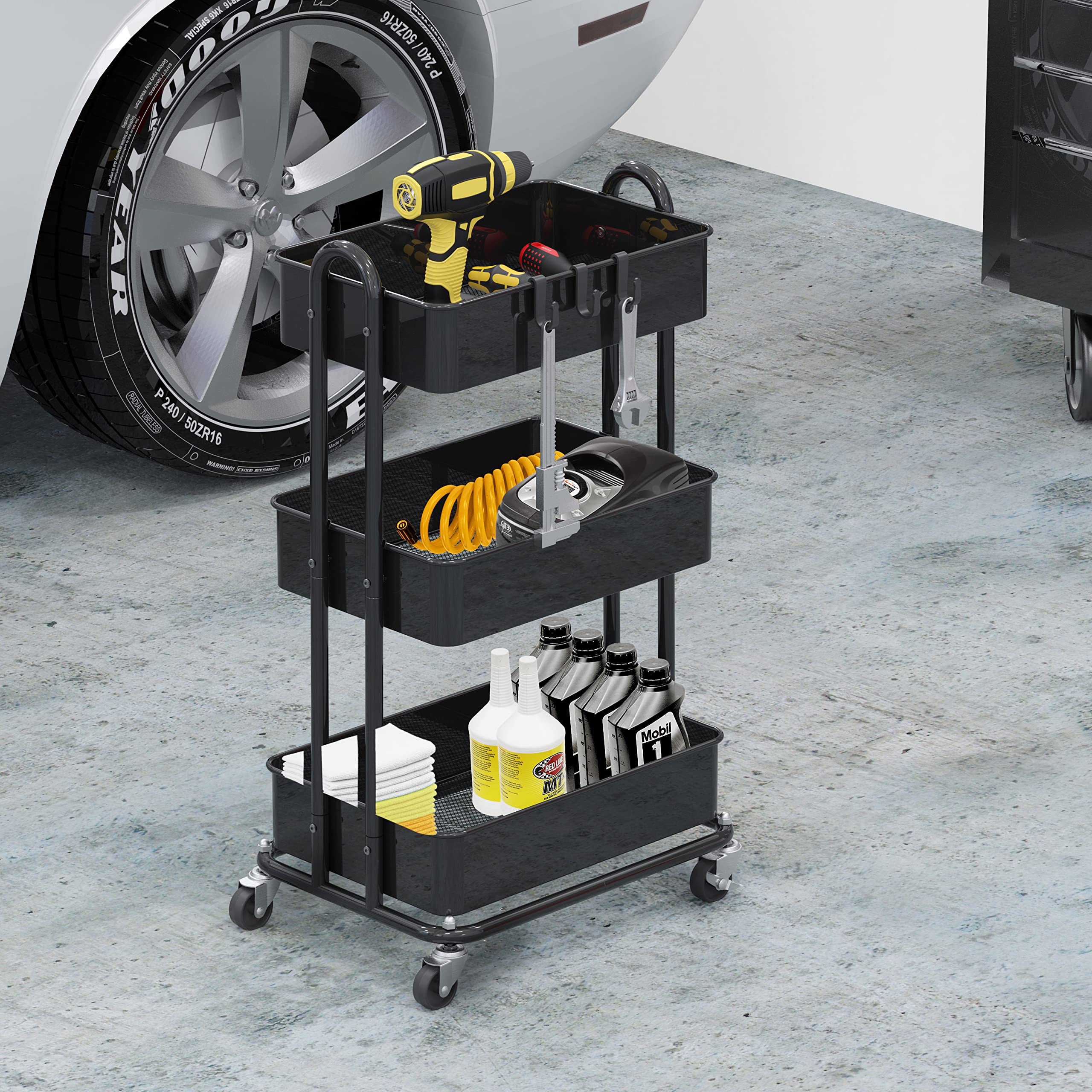 Simple Houseware Hochleistungs-Rollwagen mit 3 Ebenen aus Metall, Schwarz