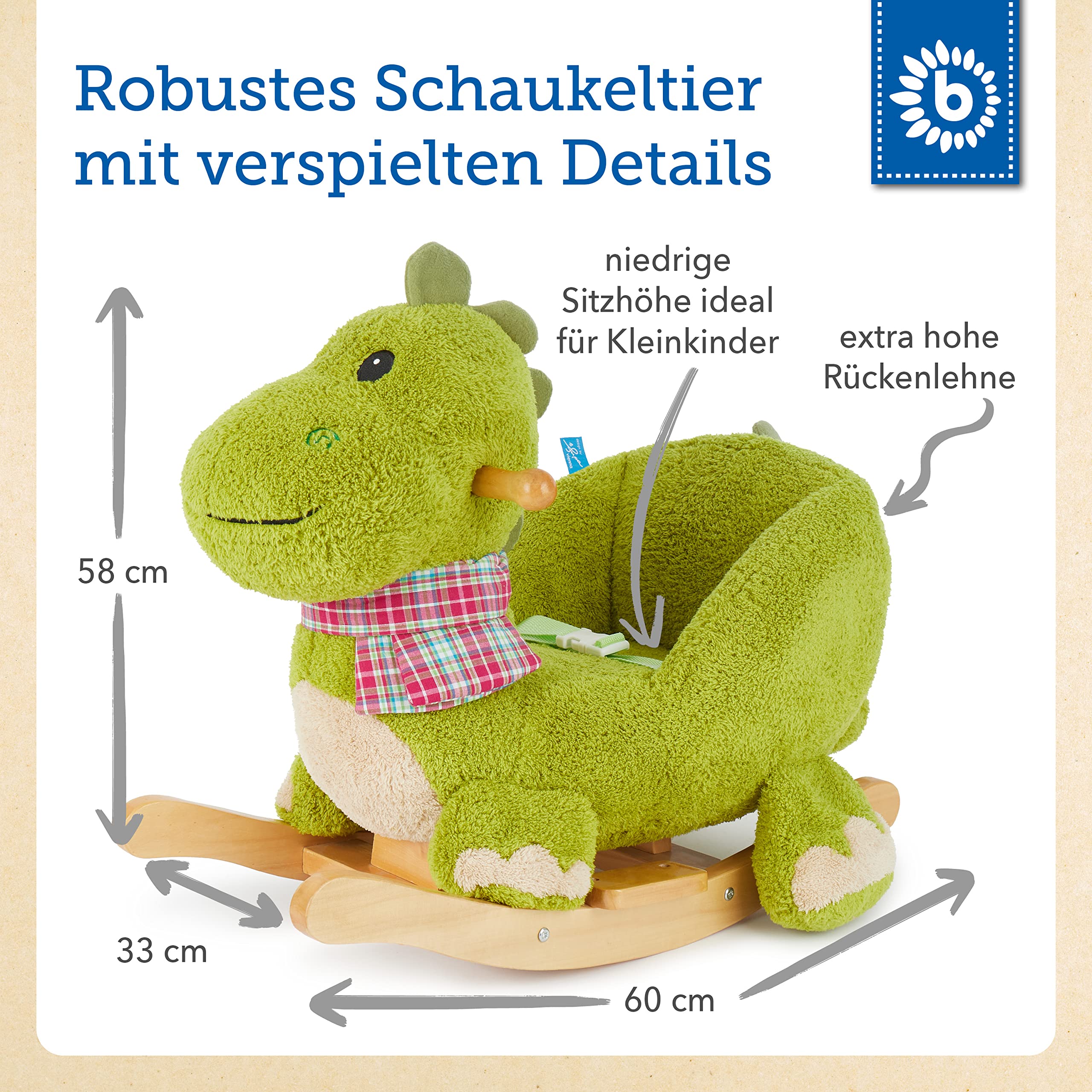 Bieco Plüsch Schaukeltier Dino | Kinder Schaukelstuhl mit Sicherheitsgurt | Schaukel Kleinkind | Schaukeltier Baby Zimmer | Baby Schaukelwippe ab 9 Monate | Schaukelpferd Holz