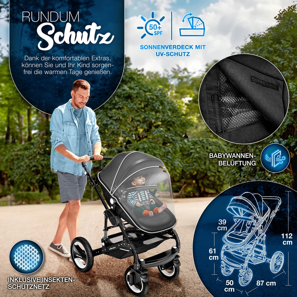 KIDUKU® 3 in 1 Kinderwagen XXL Komplettset | Kombikinderwagen Set inkl. Babywanne Buggy Sportsitz & Auto-Babyschale Fußsack | Vollgummireifen Wickeltasche Handwärmer Regenschutz Kindertisch ECE R129