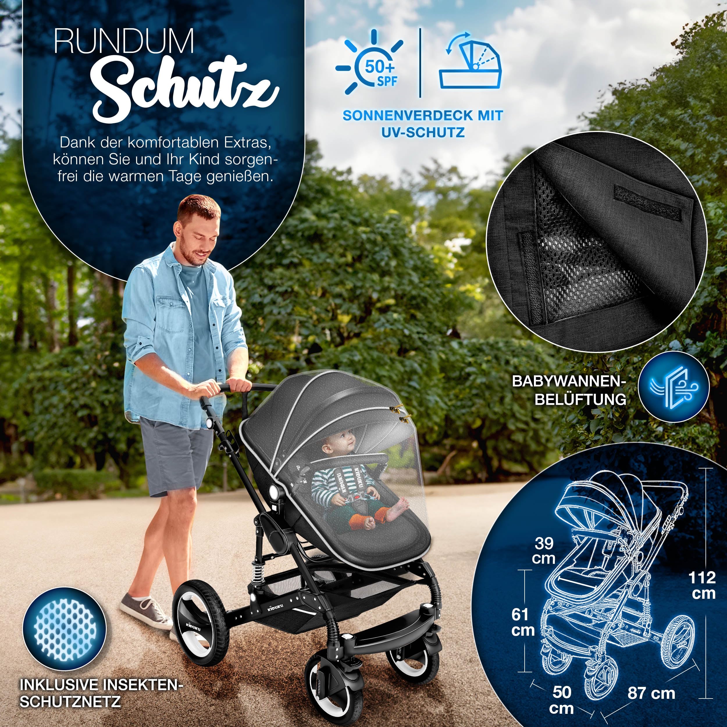 KIDUKU® 3 in 1 Kinderwagen XXL Komplettset | Kombikinderwagen Set inkl. Babywanne Buggy Sportsitz & Auto-Babyschale Fußsack | Vollgummireifen Wickeltasche Handwärmer Regenschutz Kindertisch ECE R129