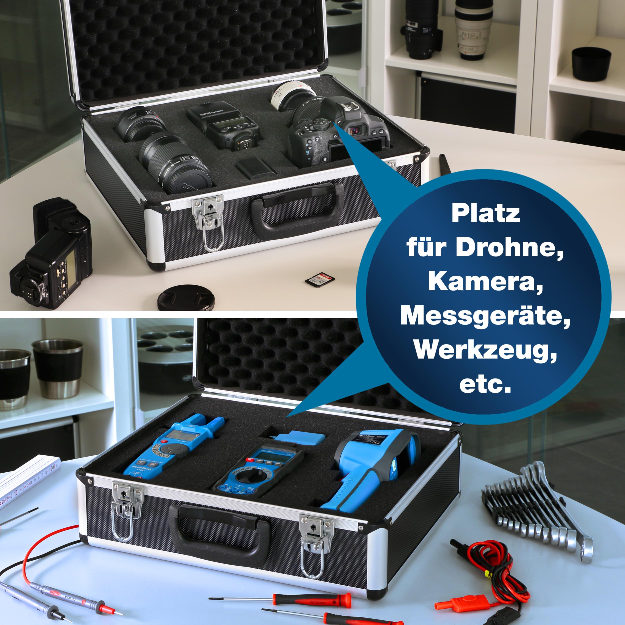 PeakTech Universalkoffer P 7305 – abschließbarer Universal-Transportkoffer mit Würfelschaumstoff – tragbarer Fotokoffer – robuster Koffer mit Schutz vor Regen und Staub – Groß (405 x 330 x 150 mm)