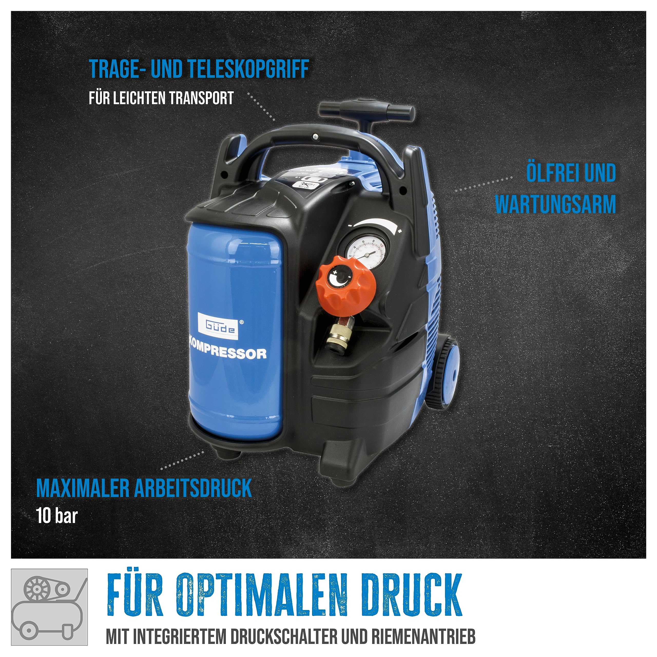 Güde Druckluft Kompressor Airpower 200/10/5 TY (10 bar, 1100 Watt, 5 l Kessel, 200 l/min Ansaugleistung, Manometer, Druckminderer, ölfrei, Trolley, inkl. Zubehör), 38 x 32 cm