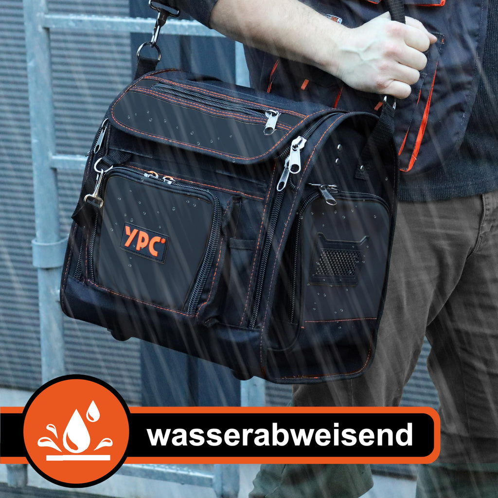 YPC Foreman Werkzeugtasche XL– Tragbare Aufbewahrungstasche mit Karabinerhaken, Wasserfest, Reißfest, Stabiler Metallgriff & Schultergurt mit Polsterung, Schwarz, 37x36x27cm – 20 kg Tragkraft