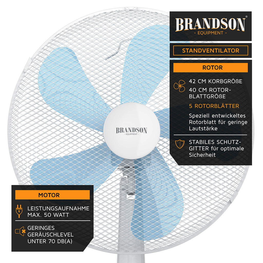 Brandson - Standventilator 50 W - Standlüfter 40 cm - Ventilator höhenverstellbar – Neigungswinkel 30° verstellbar - hoher Luftdurchsatz - 3 Geschwindigkeitsstufen – Oszillation 80° - weiß
