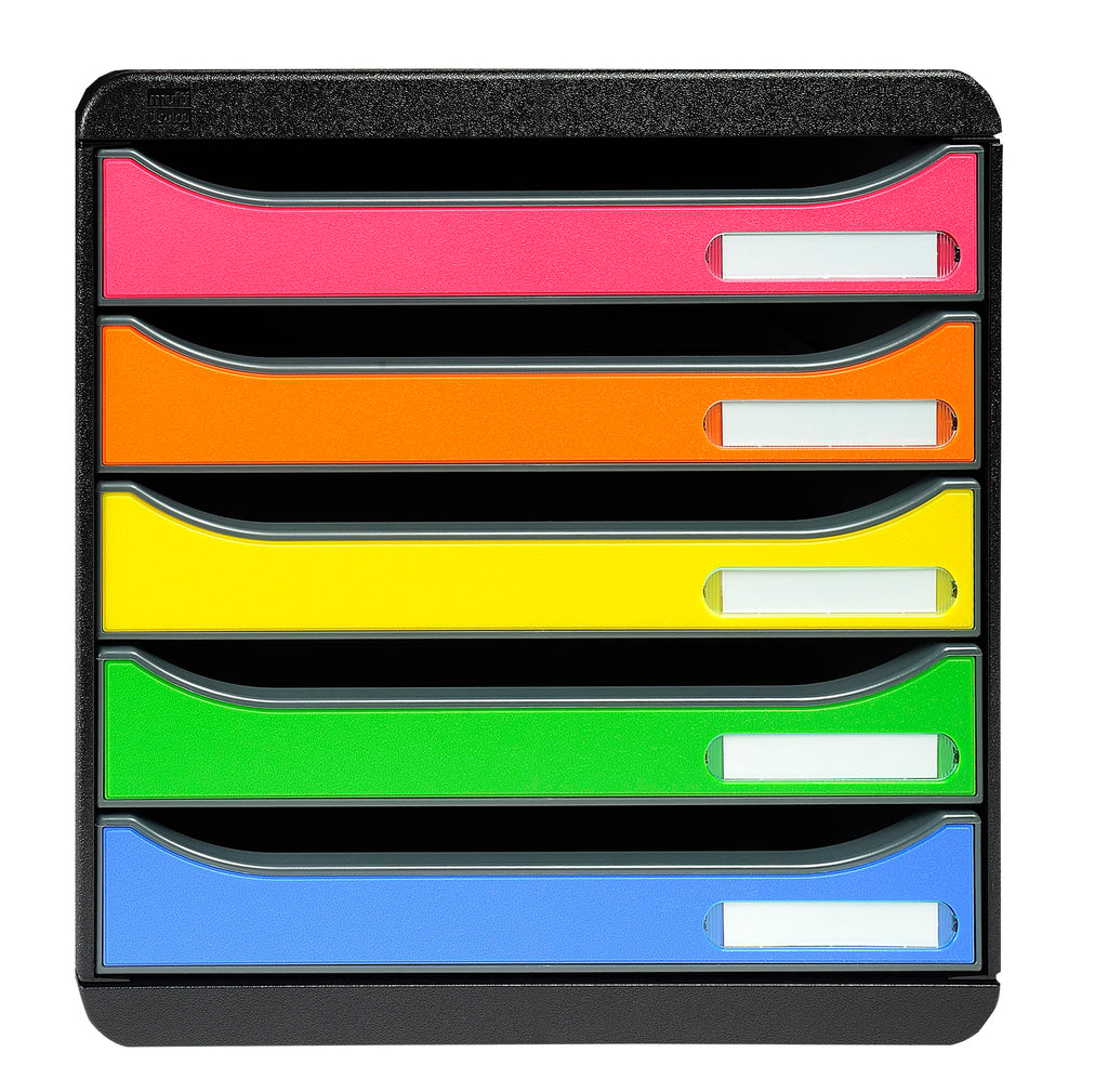 Exacompta 309798D Premium Ablagebox mit 5 Schubladen für DIN A4+ Dokumente. Stapelbare Schubladenbox mit hoher Kapazität für mehr Platz auf dem Schreibtisch Big Box Iderama Schwarz|Bunt