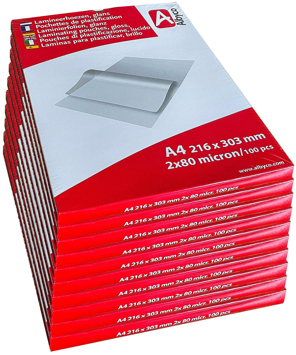 Albyco Laminierfolien, Laminiertaschen im A4-Format | Laminierfolie | Glänzend | Ab 10 Packungen à 100 Stück | Dicke 2x80 | (160) Mikron