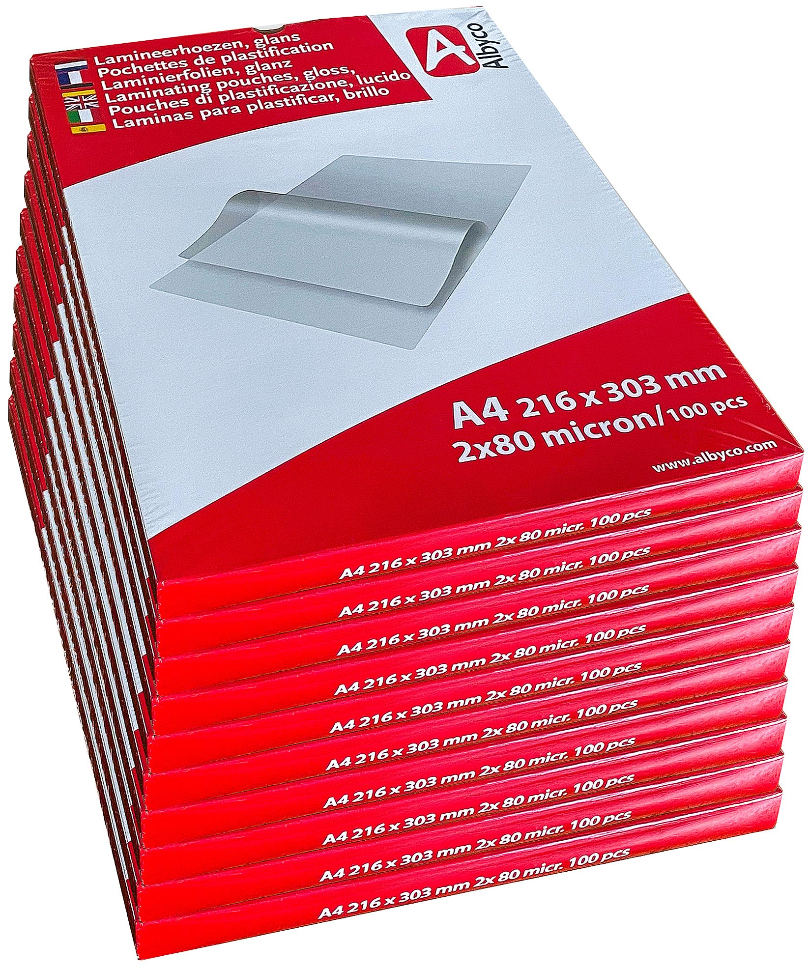 Albyco Laminierfolien, Laminiertaschen im A4-Format | Laminierfolie | Glänzend | Ab 10 Packungen à 100 Stück | Dicke 2x80 | (160) Mikron