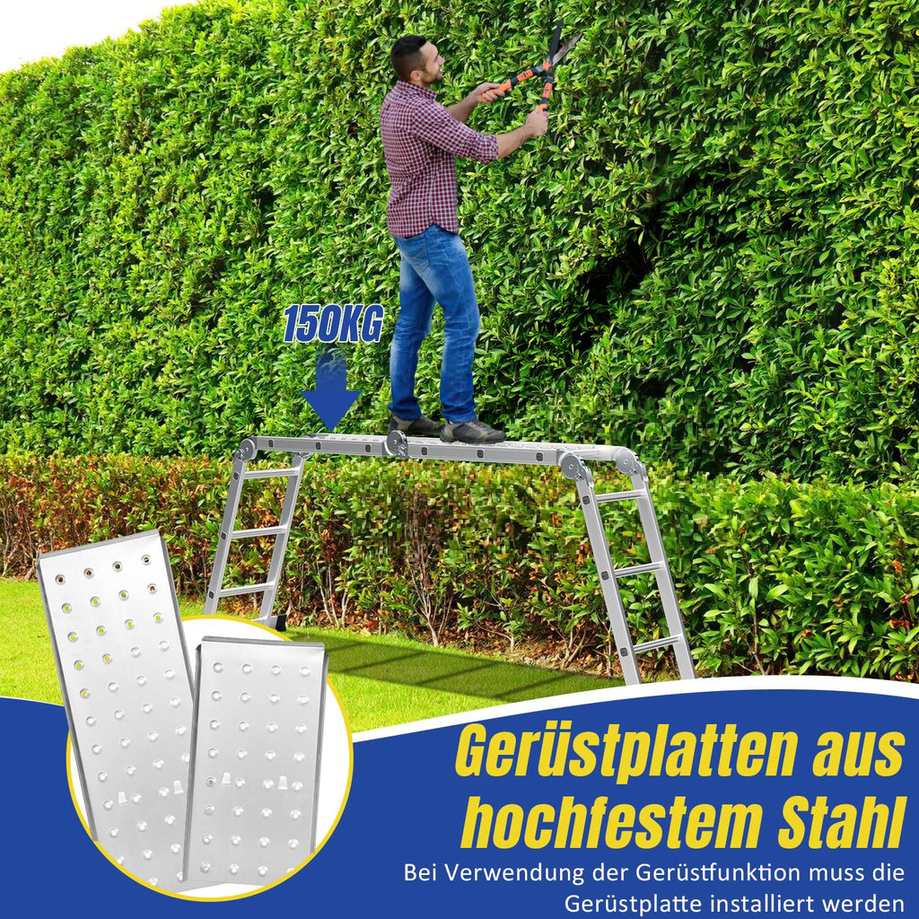Lospitch 4x3 Mehrzweckleiter, 360cm 7 in 1 Multifunktionsleiter mit 2 plattform, Aluminium Vielzweckleiter mit 2 Transport Rollen bis 150 kg, Arbeitsleiter 12 Stufen, Silber