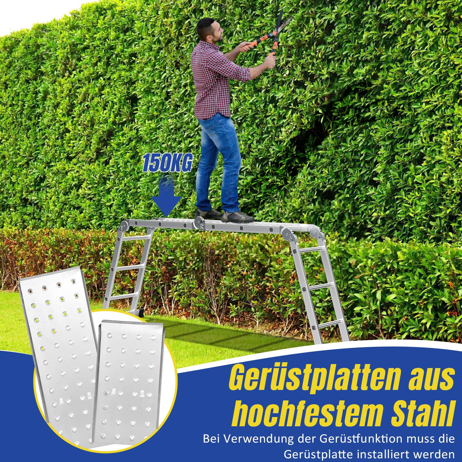 Lospitch 4x3 Mehrzweckleiter, 360cm 7 in 1 Multifunktionsleiter mit 2 plattform, Aluminium Vielzweckleiter mit 2 Transport Rollen bis 150 kg, Arbeitsleiter 12 Stufen, Silber