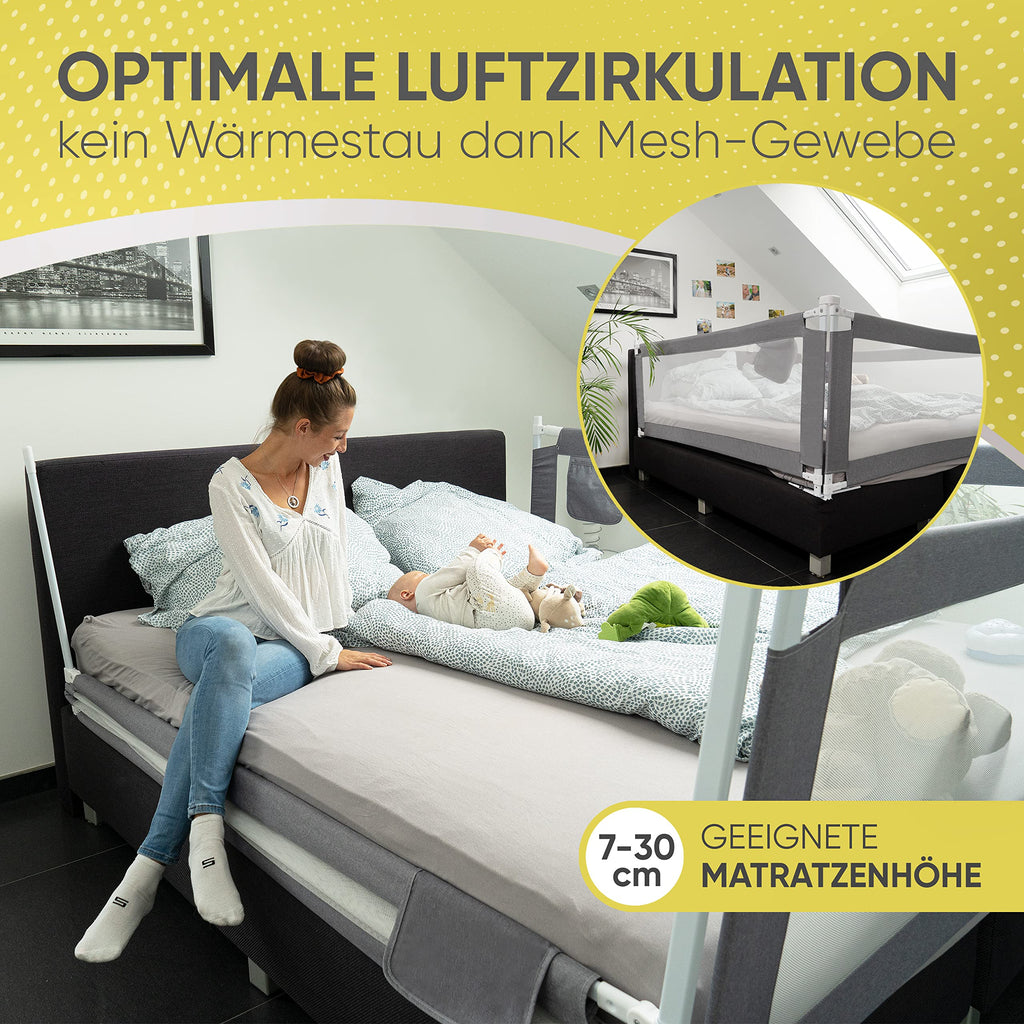 RAWVEL® Bettgitter grau [2m] - Labor geprüft - Rausfallschutz Bett [Eine Seite] - Bettschutzgitter für Kinder & Elternbetten - Inkl. Deutscher Aufbauanleitung & Aufbauvideo