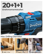 DongCheng Akku-Schlagbohrschrauber-Set 18V 50Nm, bürstenlose Schlagbohrmaschine (2x2,0 Ah), 20+1+1 Drehmomentstufen Akkubohrer, 2 Gang, 13mm Bohrfutter, inkl. Ladegerät, 19-tlg. Zubehör-Set