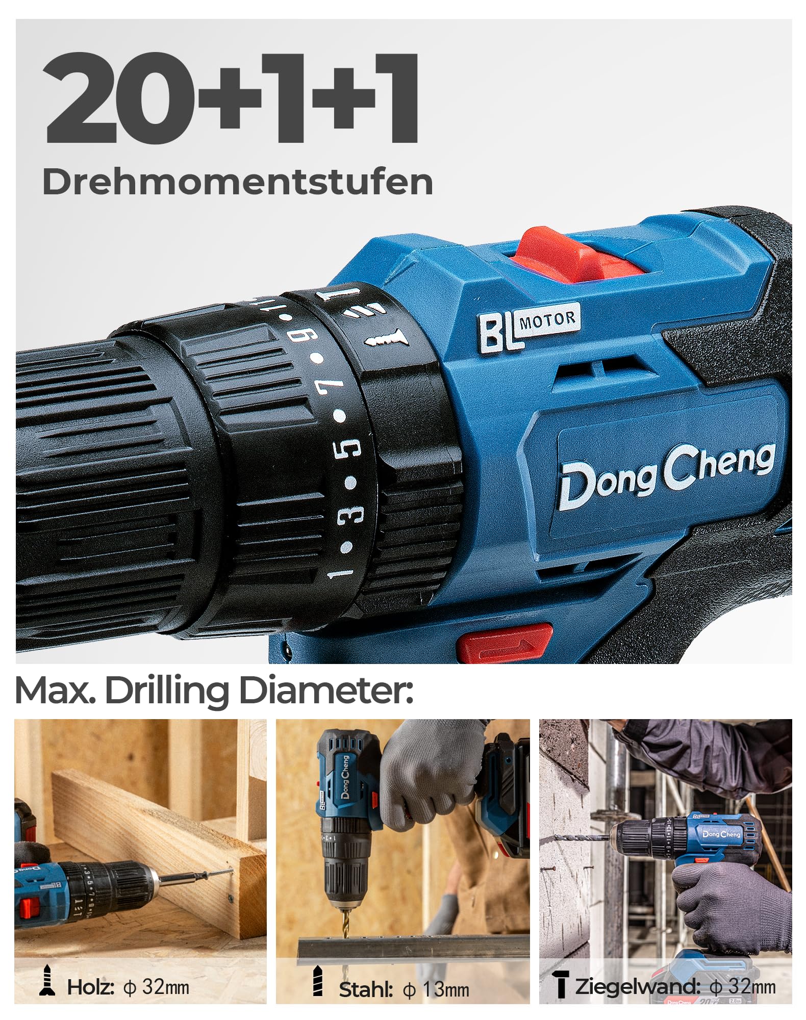 DongCheng Akku-Schlagbohrschrauber-Set 18V 50Nm, bürstenlose Schlagbohrmaschine (2x2,0 Ah), 20+1+1 Drehmomentstufen Akkubohrer, 2 Gang, 13mm Bohrfutter, inkl. Ladegerät, 19-tlg. Zubehör-Set