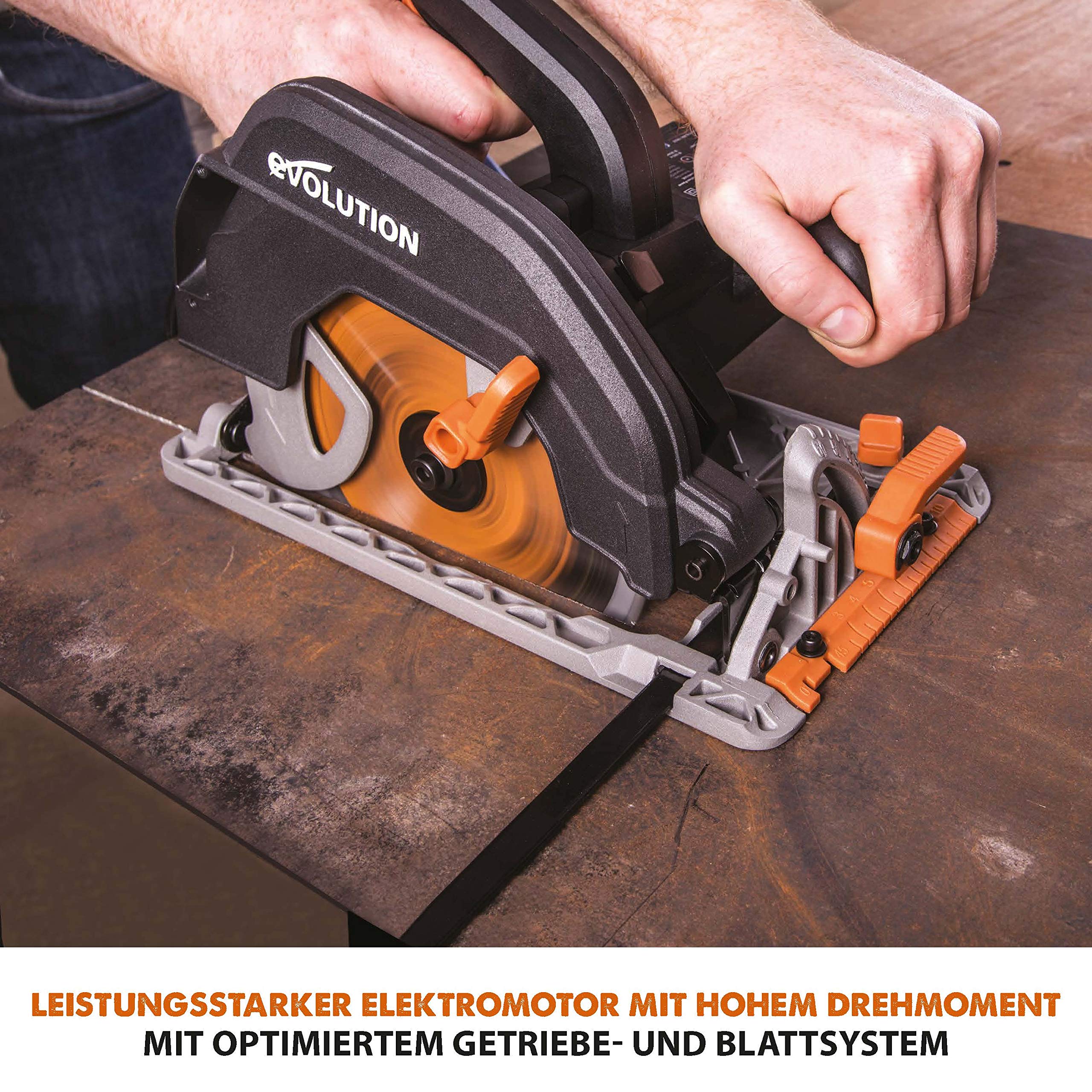 Evolution Handkreissäge R185CCS Kreissäge Tauchsäge 1600W Inkl. Ø 185 mm HM-Sägeblatt Mehrzweck Multi-Material-Schneiden Holz, Aluminium, Stahl, Kunststoff | Scie Circulaire mit Führungsschiene