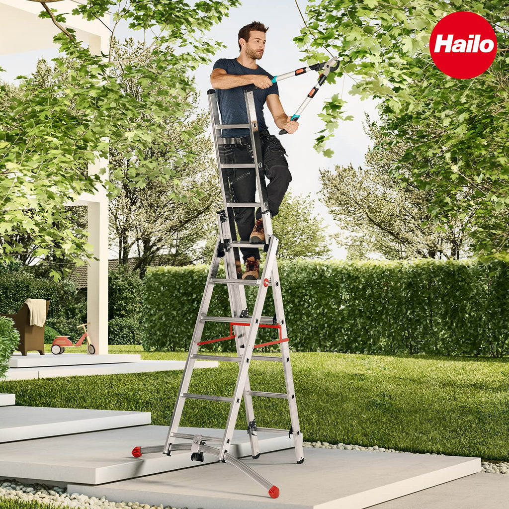 Hailo S100 ProfiLOT 3-teilige Alu-Kombileiter mit LOT-System - gleicht Unebenheiten aus - 2 x 9 + 1 x 8 profilierte Sprossen belastbar bis 150 kg - Aluleiter made in Germany - Leiter rostfrei - silber
