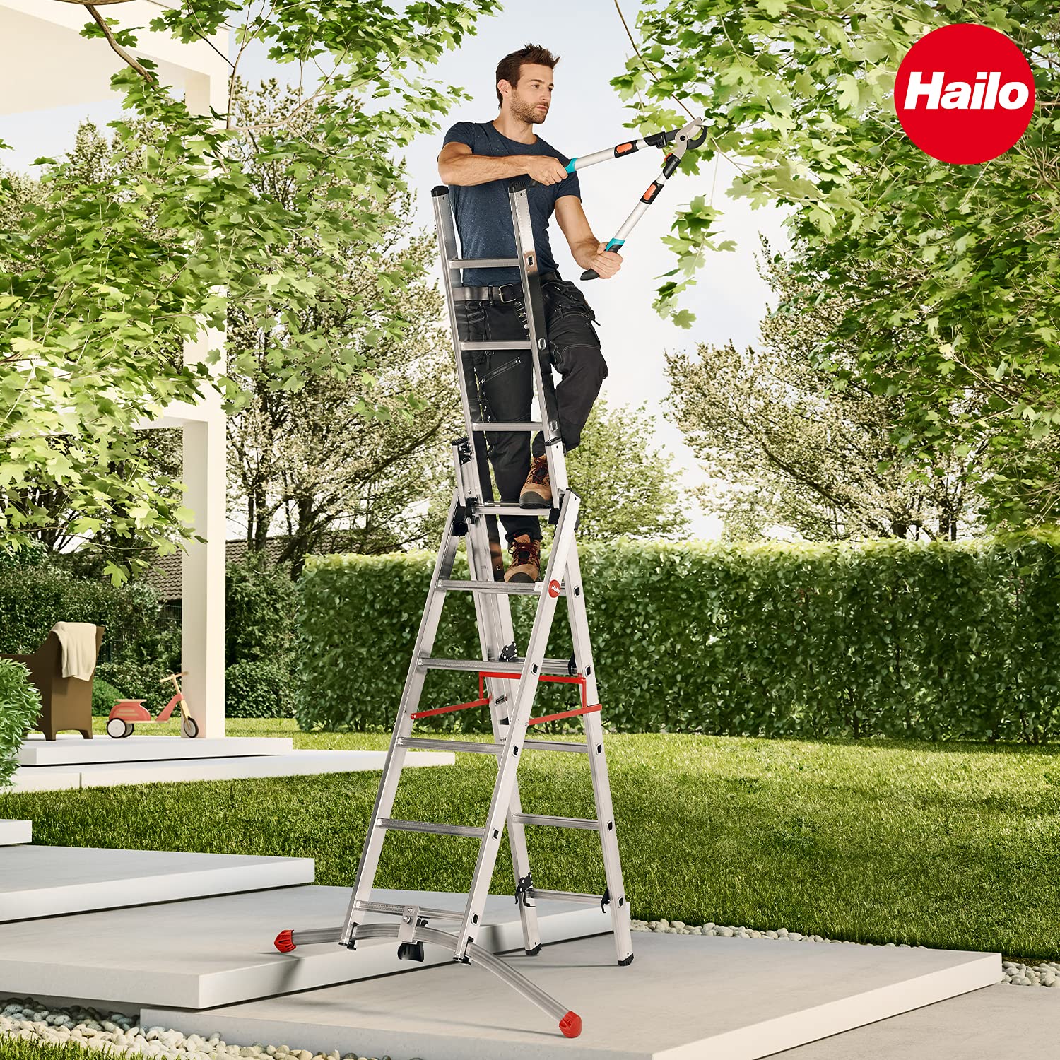 Hailo S100 ProfiLOT 3-teilige Alu-Kombileiter mit LOT-System - gleicht Unebenheiten aus - 2 x 9 + 1 x 8 profilierte Sprossen belastbar bis 150 kg - Aluleiter made in Germany - Leiter rostfrei - silber