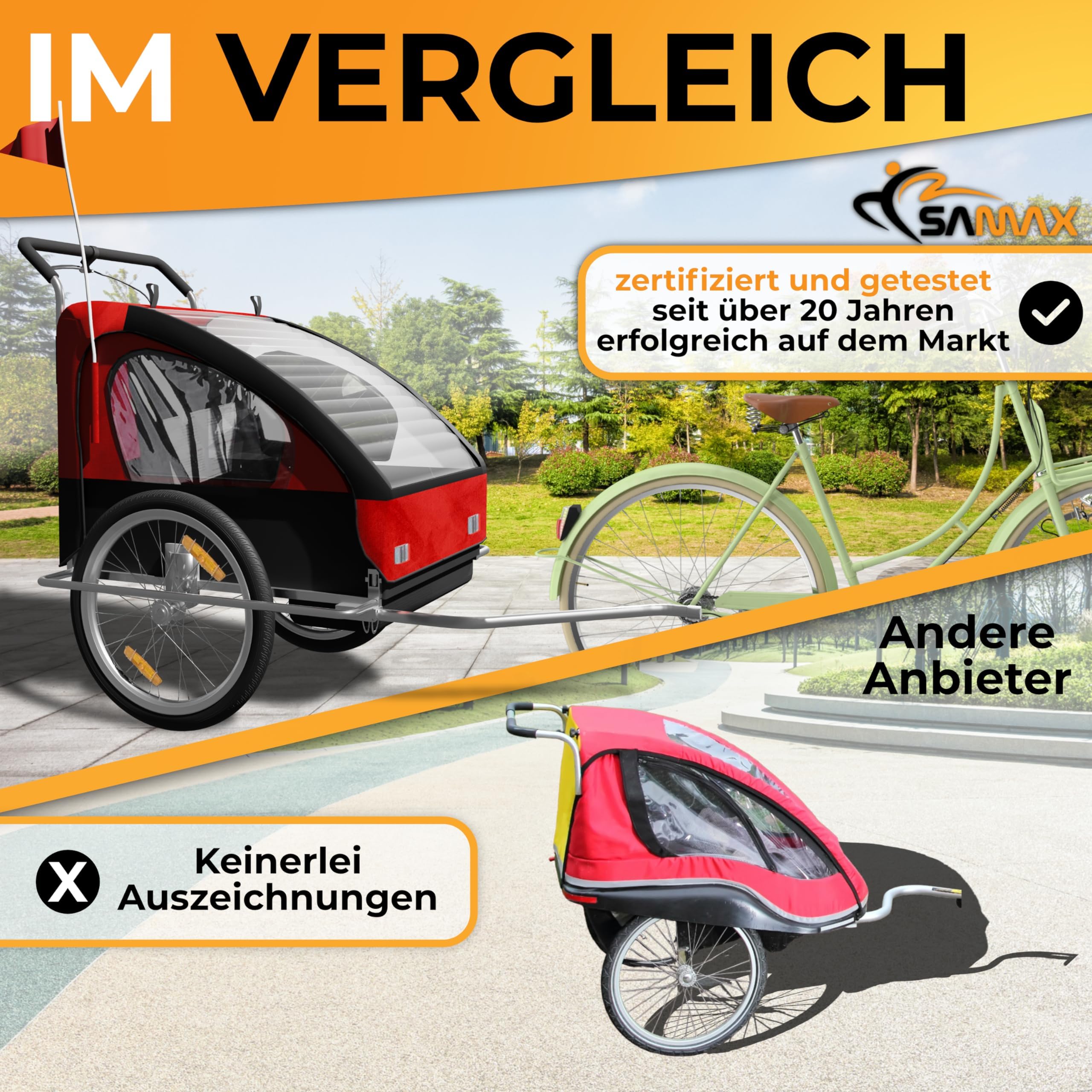 SAMAX Fahrradanhänger Jogger 2in1 Kinderanhänger Kinderfahrradanhänger Transportwagen vollgefederte Hinterachse für 2 Kinder in Rot/Schwarz - Silver Frame