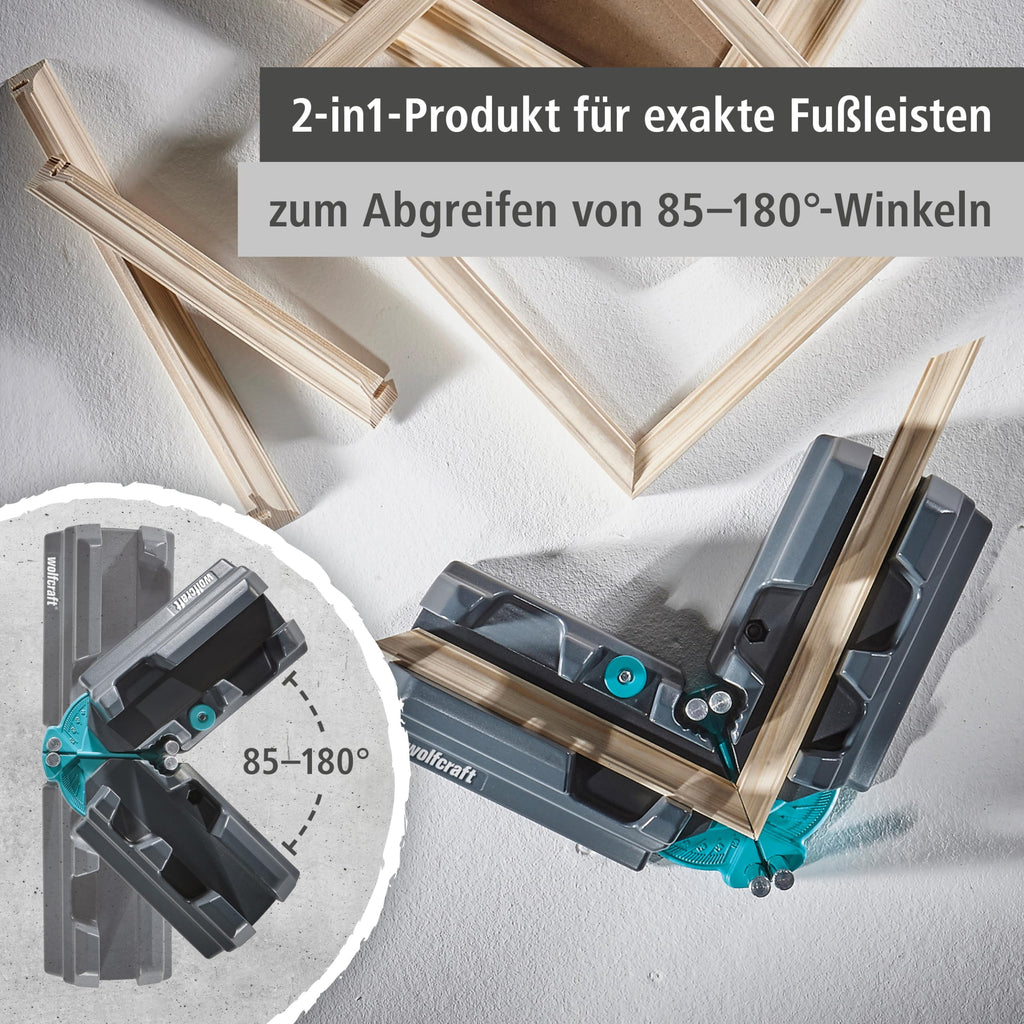 wolfcraft Schmiege und Schneidlade - 2 in 1 Gehrungslade aus Stahl mit Winkelhalbierenden zum Schneiden von bis zu 100 mm hohen Fußleisten & Ausmessen von Raumwinkeln - 6948200