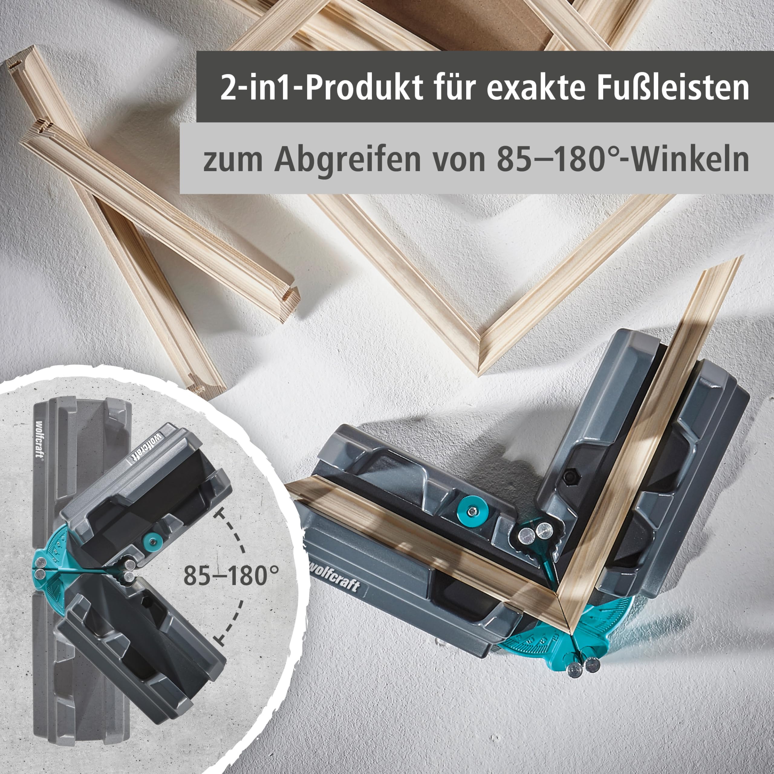 wolfcraft Schmiege und Schneidlade - 2 in 1 Gehrungslade aus Stahl mit Winkelhalbierenden zum Schneiden von bis zu 100 mm hohen Fußleisten & Ausmessen von Raumwinkeln - 6948200