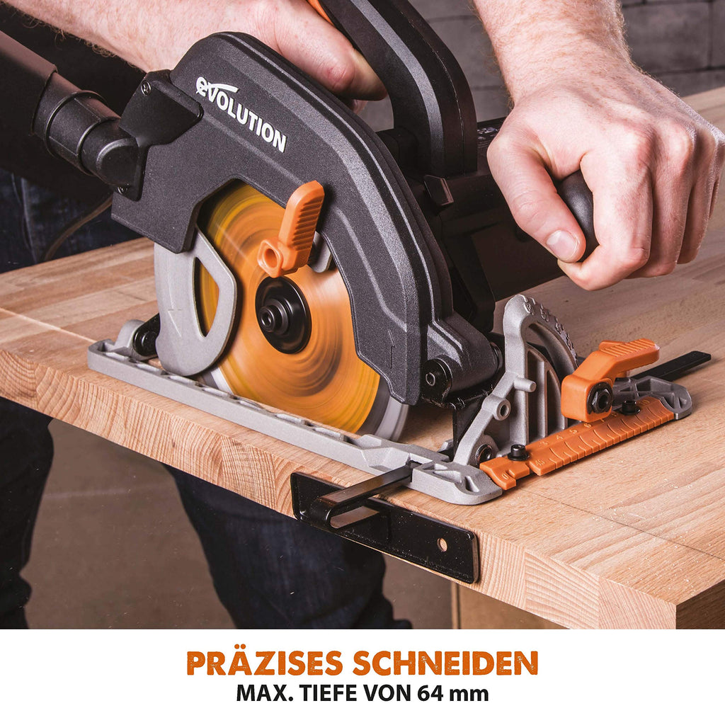 Evolution Handkreissäge R185CCS Kreissäge Tauchsäge 1600W Inkl. Ø 185 mm HM-Sägeblatt Mehrzweck Multi-Material-Schneiden Holz, Aluminium, Stahl, Kunststoff | Scie Circulaire mit Führungsschiene