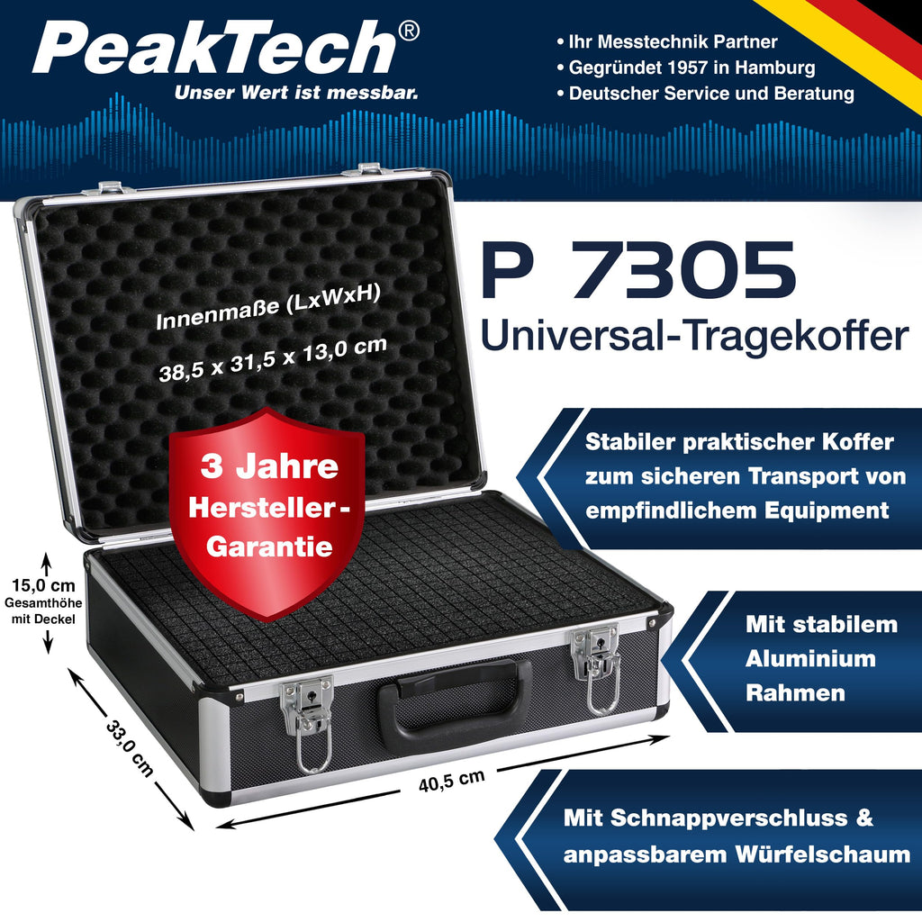 PeakTech Universalkoffer P 7305 – abschließbarer Universal-Transportkoffer mit Würfelschaumstoff – tragbarer Fotokoffer – robuster Koffer mit Schutz vor Regen und Staub – Groß (405 x 330 x 150 mm)