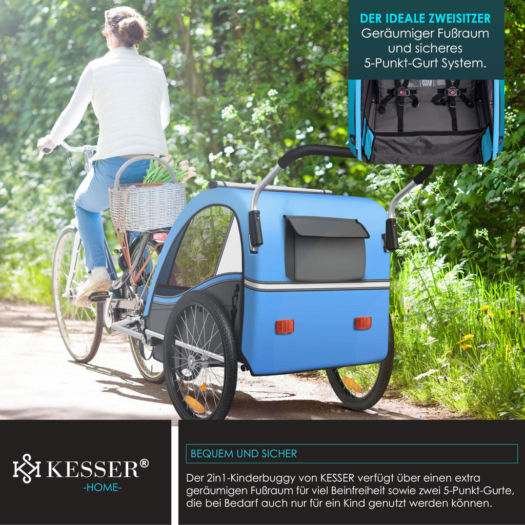 KESSER® Kinderfahrradanhänger Sport-RX 2in1 Jogger & Buggy 5-Punkt-Gurt Sicherheitsgurt 360° Vorderrad Kinderfahrradanhänger Reflektoren für 1-2 Kinder (max. 40 kg) Getränkehalter & Smartphonefach