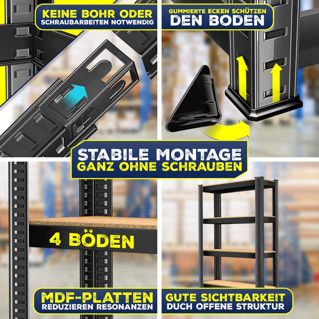 MASKO® 2er-Set Lagerregal Schwerlastregal, Kellerregal, 160 x 80 x 40 cm, bis 700kg belastbar, 4 verstellbare Ablagen, MDF-Platten Regal aus Metall, Steckregal, Werkstattregal, Keller, Garage Schwarz