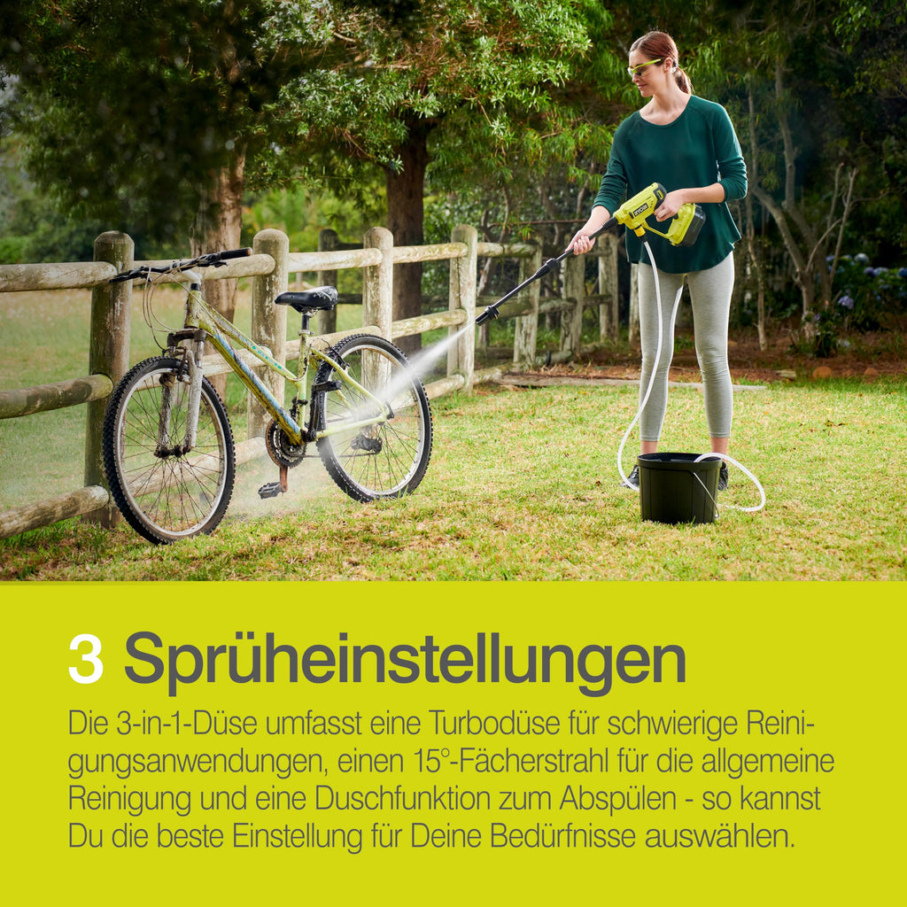 RYOBI 18 V ONE+ Akku-Mitteldruckreiniger RY18PW22A-0, 3in1 Düse, Turbodüse, 15°-Fächerstrahl für die allgemeine Reinigung, ohne Akku & Ladegerät