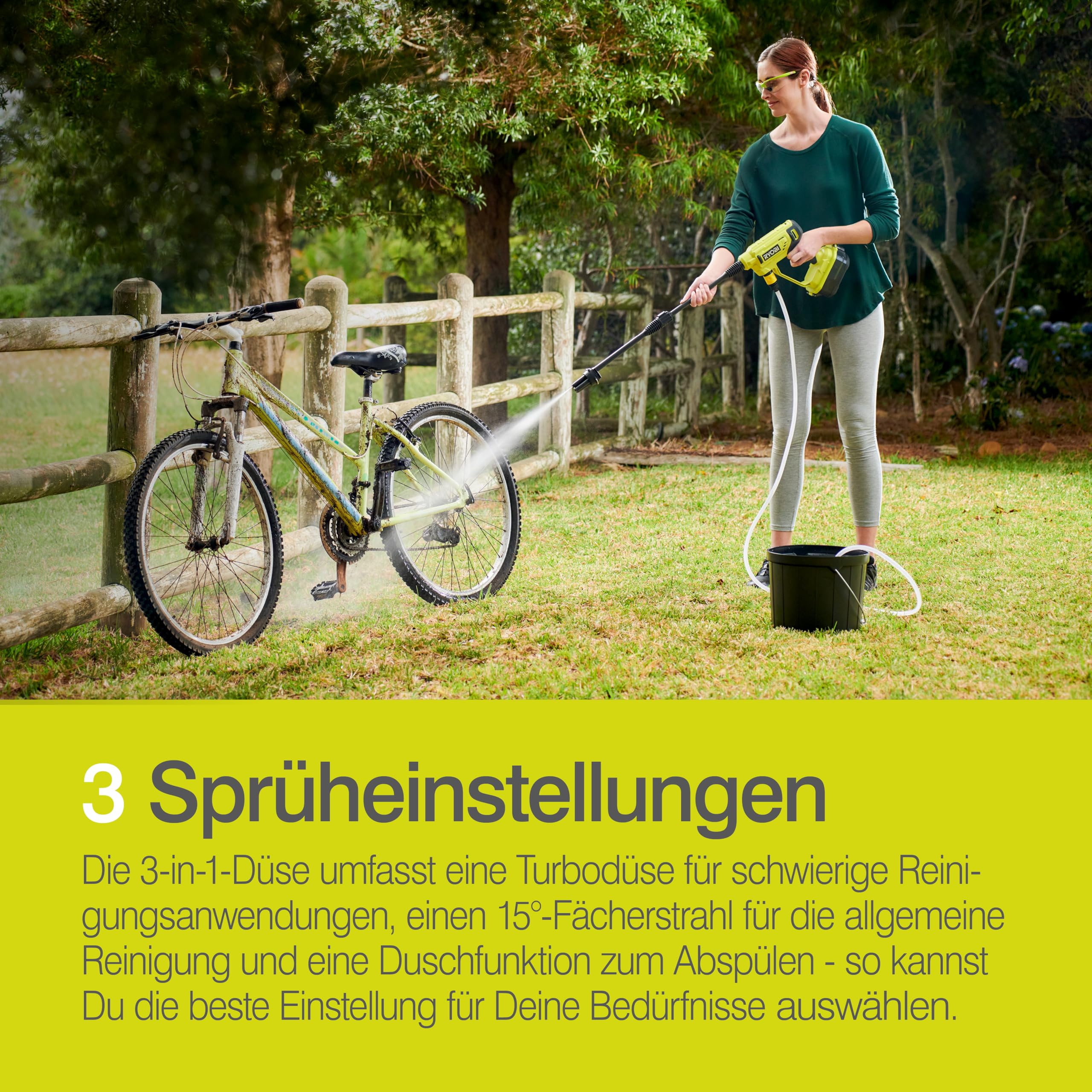 RYOBI 18 V ONE+ Akku-Mitteldruckreiniger RY18PW22A-0, 3in1 Düse, Turbodüse, 15°-Fächerstrahl für die allgemeine Reinigung, ohne Akku & Ladegerät