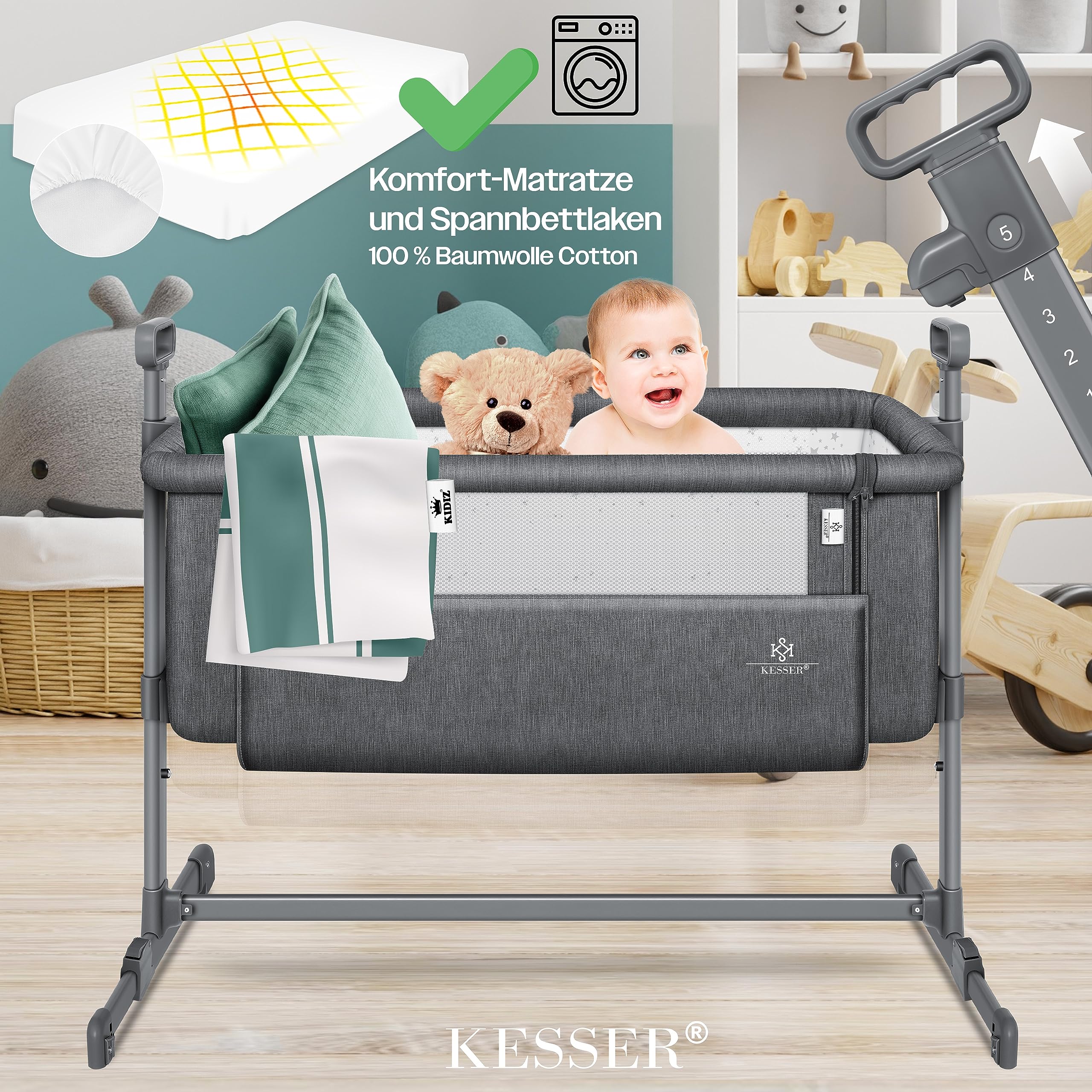KESSER® Zustellbett Hubi 3in1 Baby Beistellbett Reisebett Babybett mit weich Matratze mit Rollen Kinderbett 5Fach Höhenverstellung Faltbare Seitenwand für Zuhause und Unterwegs + Spanngurt Dunkelgrau