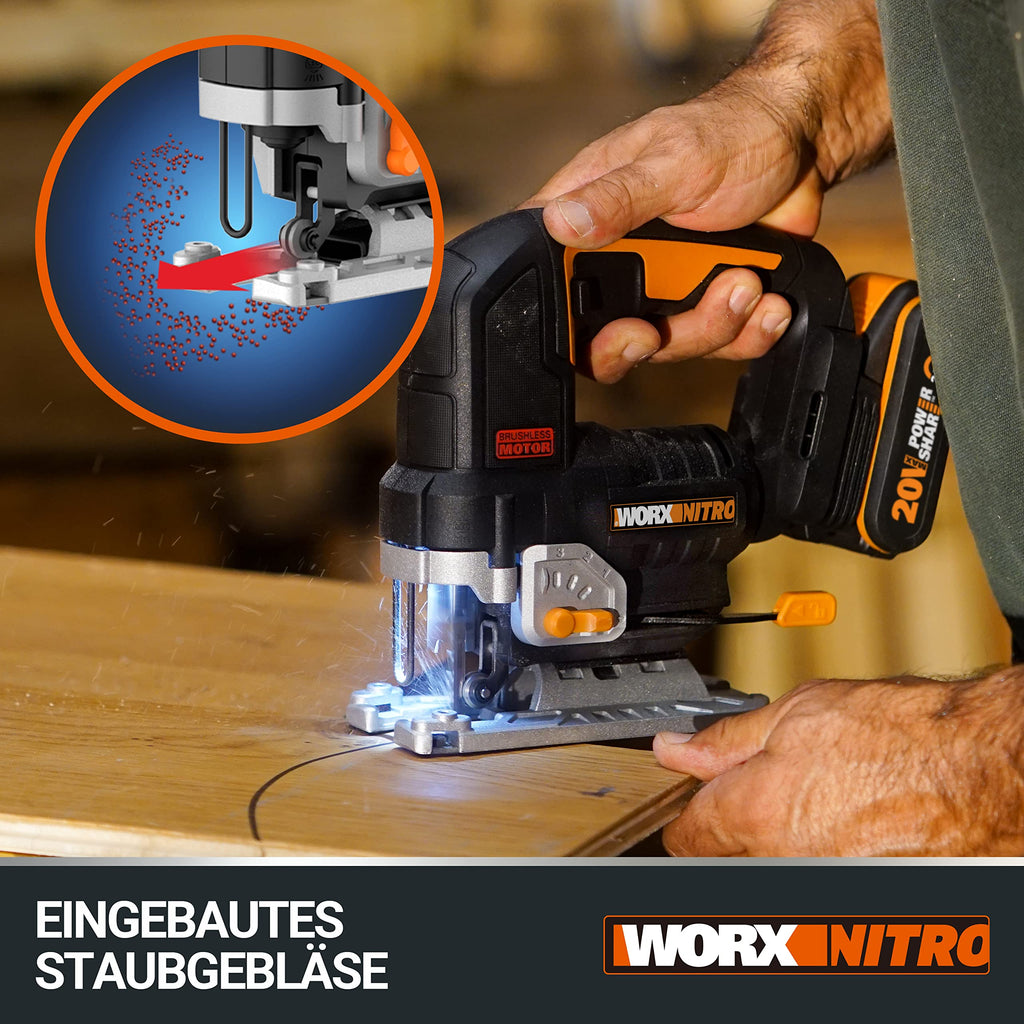 WORX Nitro WX542.9 Akku-Pendelhub-Stichsäge 20V - Bürstenloser Motor - Profi Stichsäge Mit Absaug-Adapter - Ideal Auch Für Gehrungsschnitte - PowerShare Kompatibel - Ohne Akku & Ladegerät