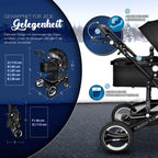 KIDUKU® 3 in 1 Kinderwagen XXL Komplettset | Kombikinderwagen Set inkl. Babywanne Buggy Sportsitz & Auto-Babyschale Fußsack | Vollgummireifen Wickeltasche Handwärmer Regenschutz Kindertisch ECE R129