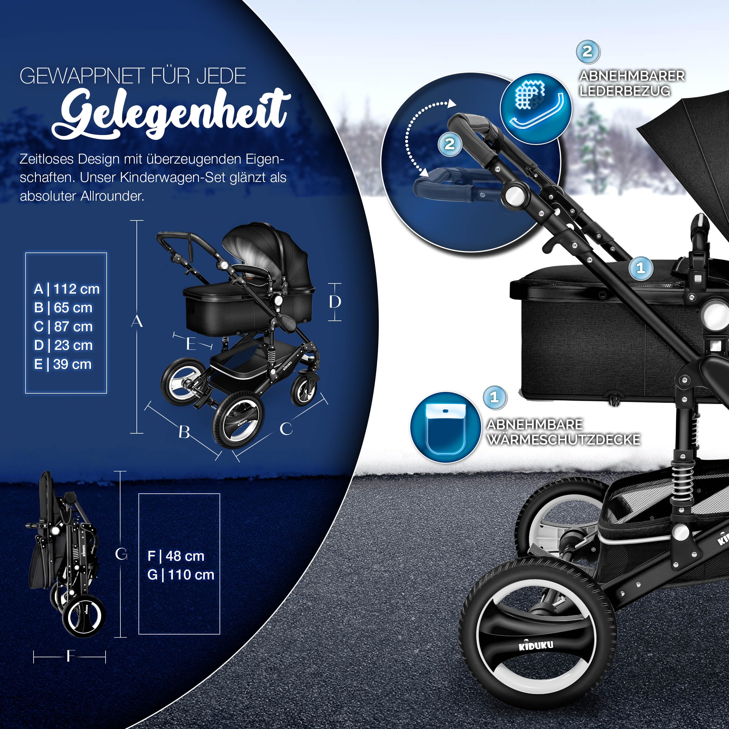 KIDUKU® 3 in 1 Kinderwagen XXL Komplettset | Kombikinderwagen Set inkl. Babywanne Buggy Sportsitz & Auto-Babyschale Fußsack | Vollgummireifen Wickeltasche Handwärmer Regenschutz Kindertisch ECE R129