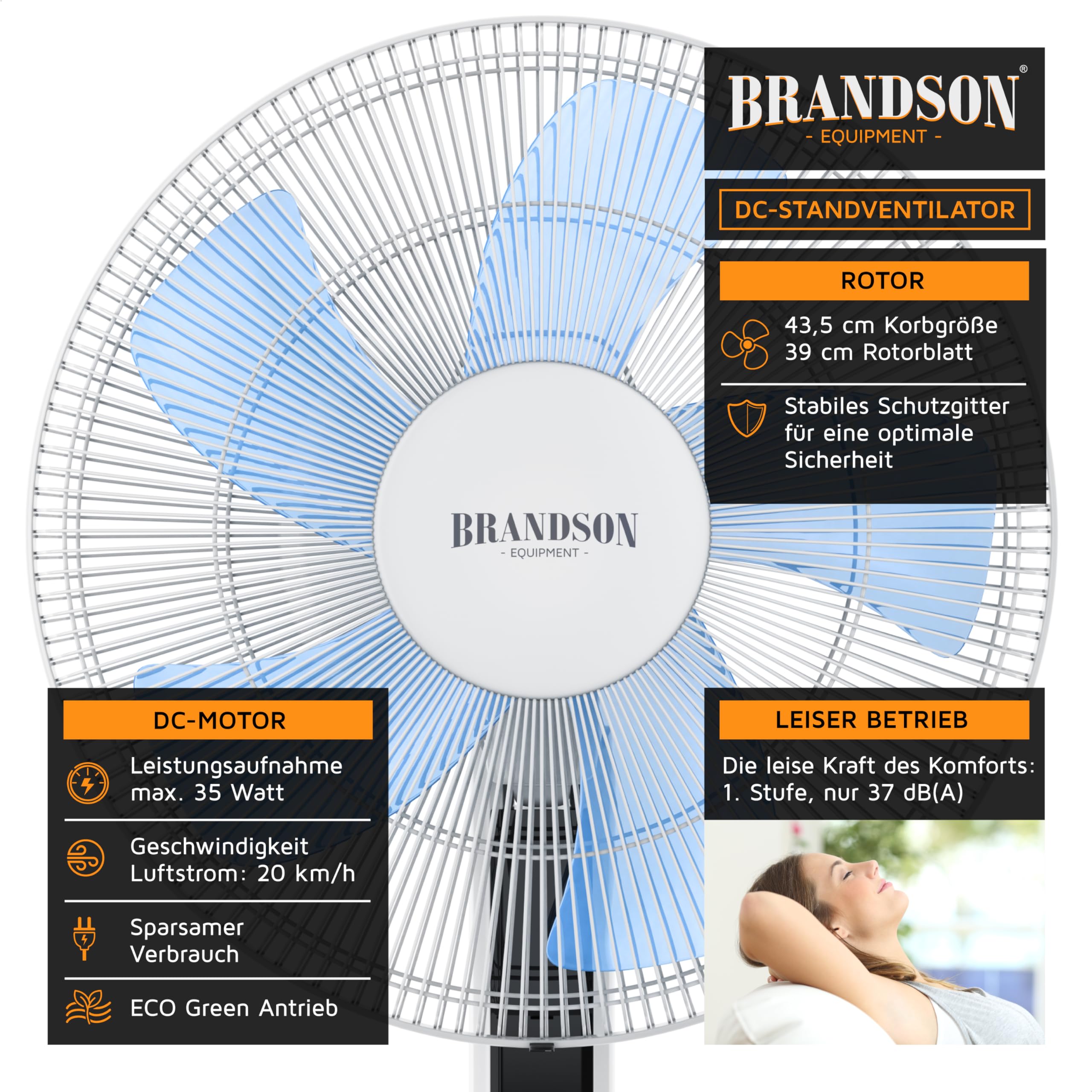 Brandson - DC Standventilator energiesparend ECO - Fernbedienung - Brushless Silent Motor, sehr leise – Preisträger 2025-80° Oszillation - Ventilator Timer – 12 Stufen - LED Display