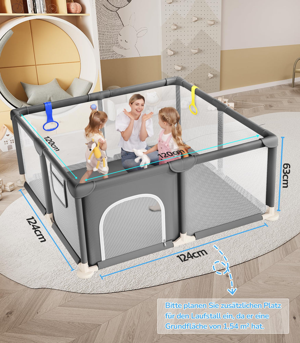 Dripex Laufstall Baby 124x124cm, Laufgitter Baby, Laufstall mit atmungsaktivem Netz, Laufgitter 210D Oxford Gewebe, Playpen, kinderlaufstall, Dunkelgrau