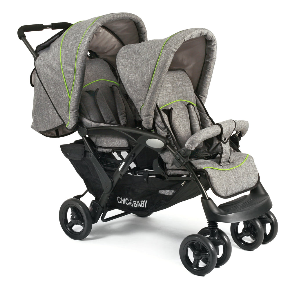 CHIC 4 BABY - Geschwisterwagen DUO mit Tragetasche und Regenschutz, Geschwisterkinderwagen für zwei Kinder, Zwillingswagen, Zwillingsbuggy, Tandemkinderwagen, Tandembuggy, Kinderwagen, Jeans grau