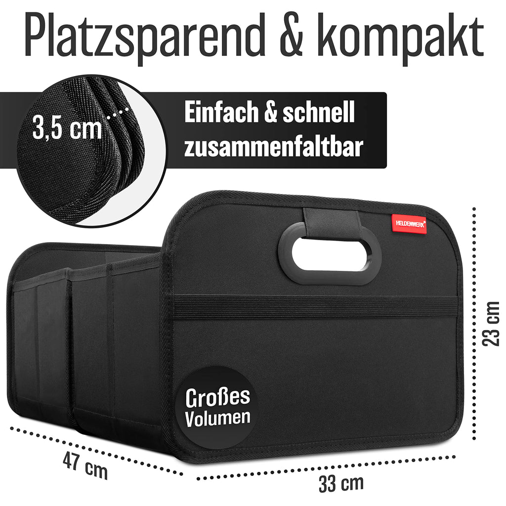 HELDENWERK Kofferraumtasche faltbar mit Anti-Rutsch-Klett - Kofferraum-Organizer, Auto Faltbox, Einkaufstasche - verstärkt und stabil