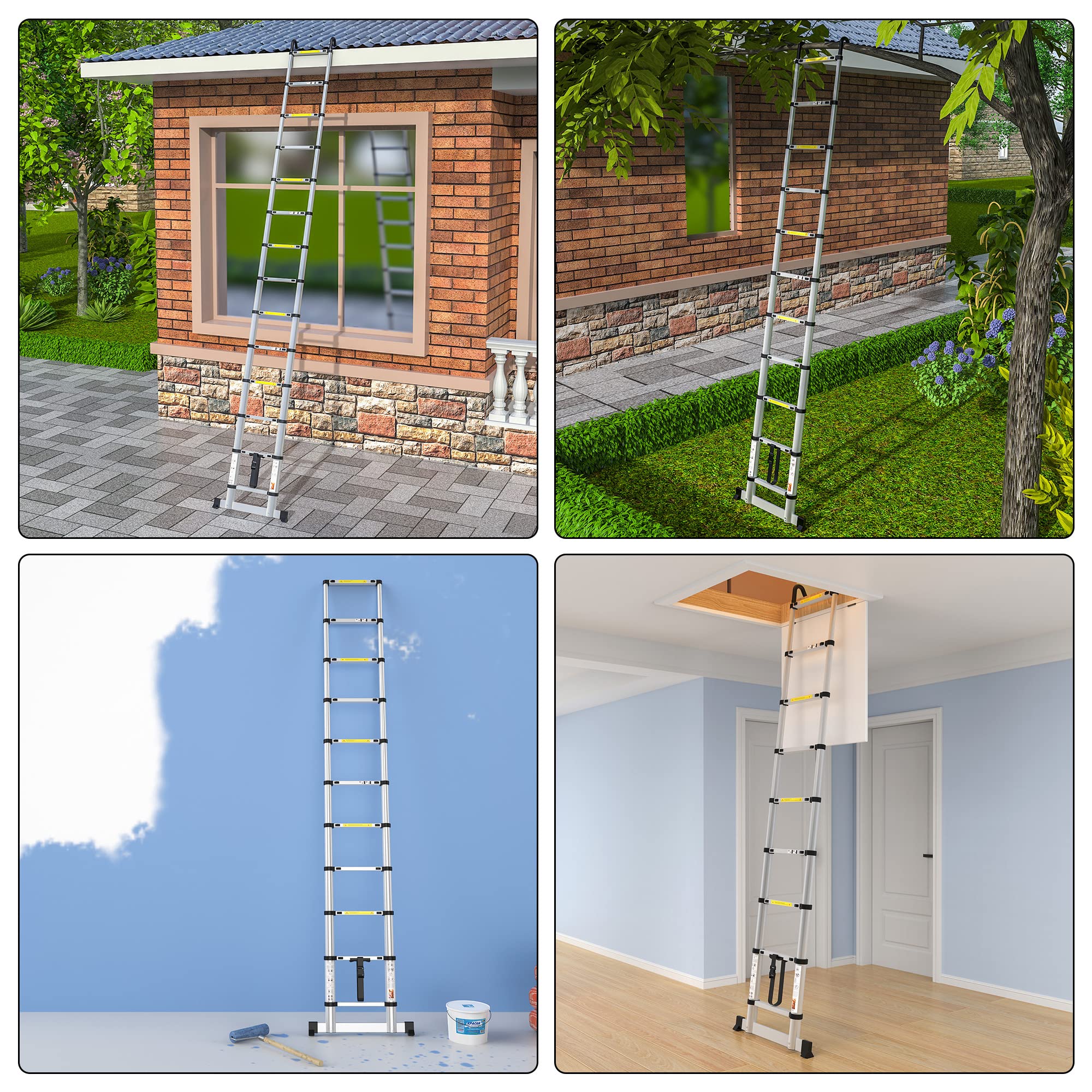 gymount Aluminium Teleskopleiter 2,6 m, Leiter Ausziehbar mit Stabilisator und Abnehmbaren Haken, Klappleiter, Mehrzweckleiter, Stehleiter, Haushaltsleiter, Außenleiter, 150 kg Belastbarkeit