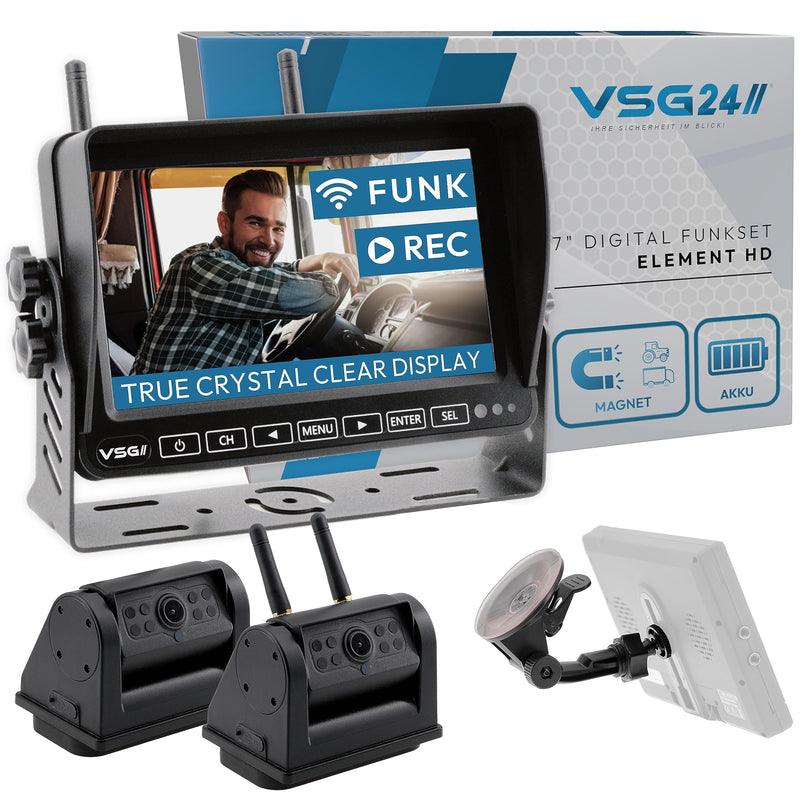 VSG24 7“ Element HD 2 Kameras Funk Rückfahrsystem Akku Magnet für Wohnmobil & LKW, KFZ Set kabellos inkl. Rückfahrkamera + Monitor, DIY Nachrüstung 12V-24V, Kamera digital, Auto Rückspiegel