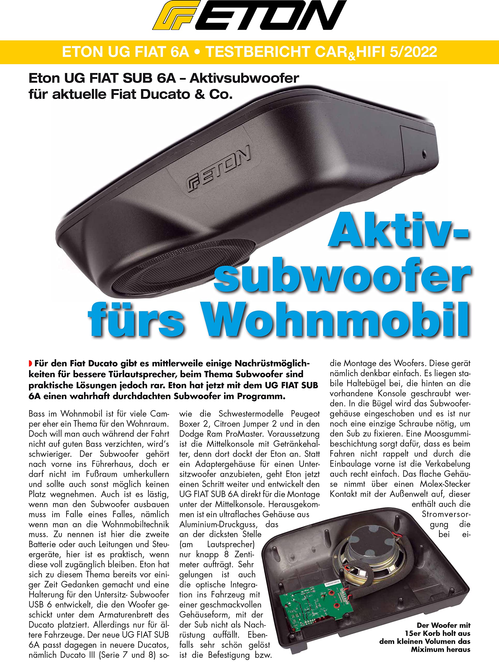 ETON UG FIAT SUB 6A – Aktivsubwoofer kompatibel mit FIAT Ducato III (auch Serie 8), aktive Bassbox bestückt mit 15 cm / 6“ Woofer und 160 Watt Verstärker, Plug & Play Einbau