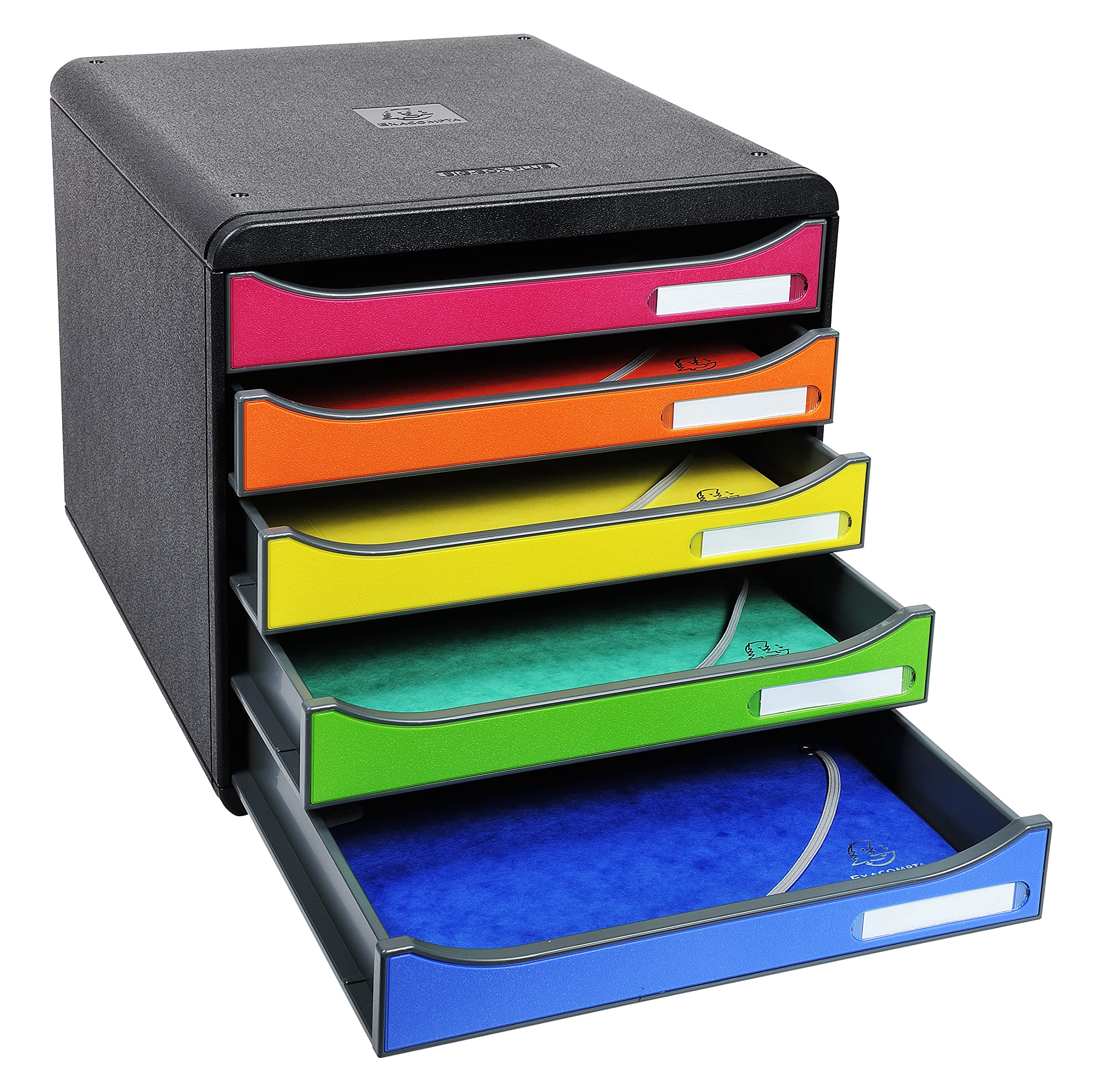 Exacompta 309798D Premium Ablagebox mit 5 Schubladen für DIN A4+ Dokumente. Stapelbare Schubladenbox mit hoher Kapazität für mehr Platz auf dem Schreibtisch Big Box Iderama Schwarz|Bunt